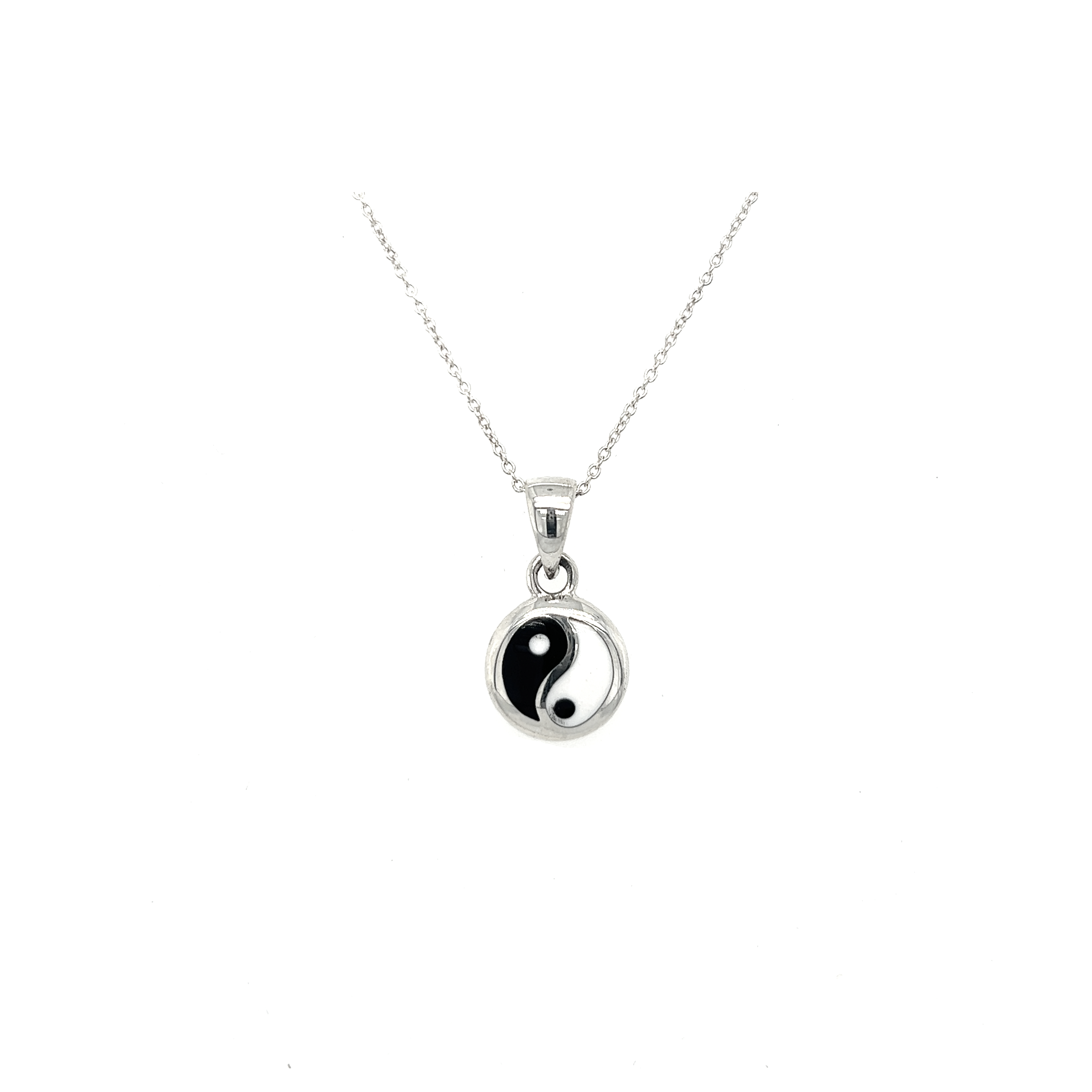 Various Yin-Yang Pendants featuring a black and white yin yang on a silver chain.