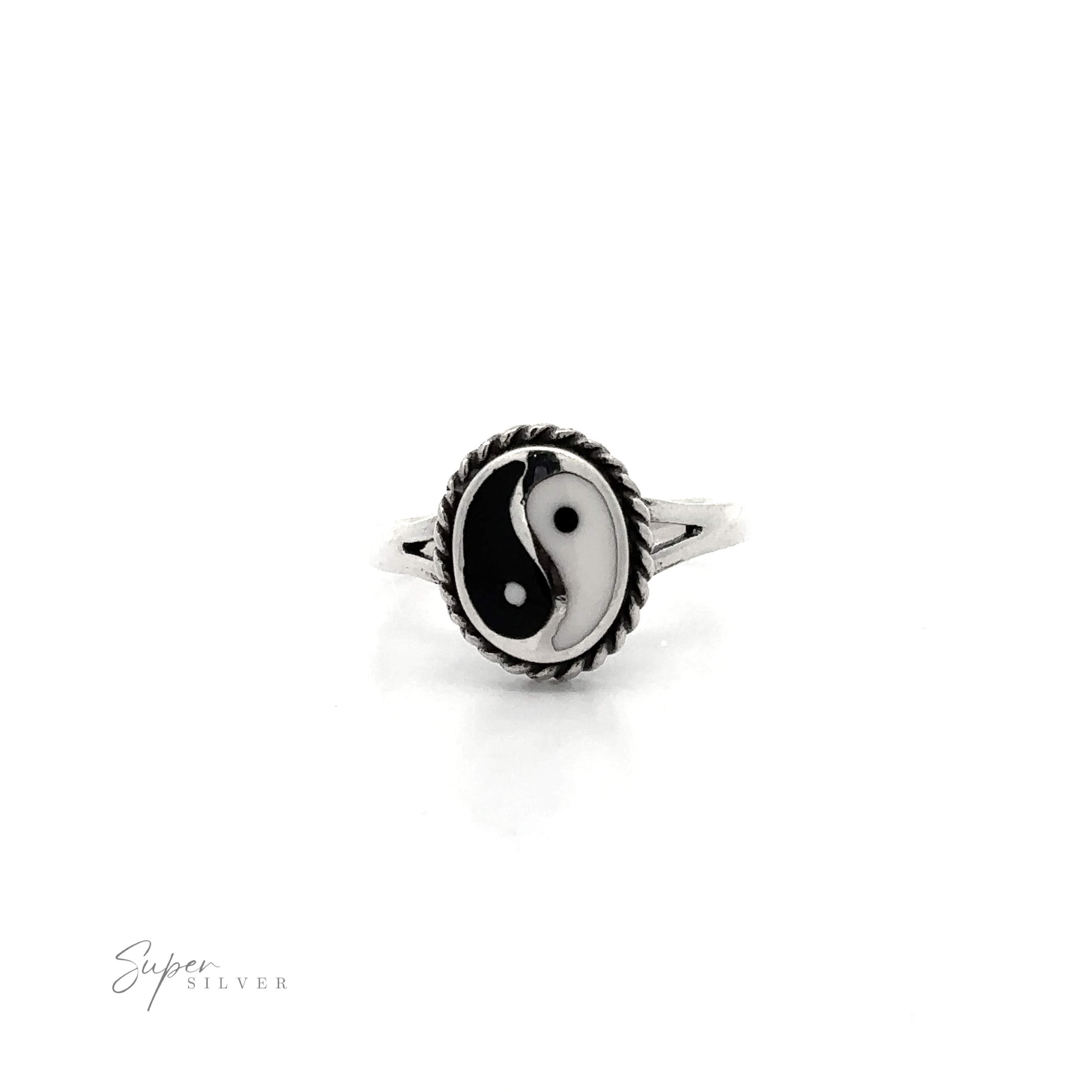 A black and white Yin-Yang Ring with Rope Border representing harmony and balance on a white background.