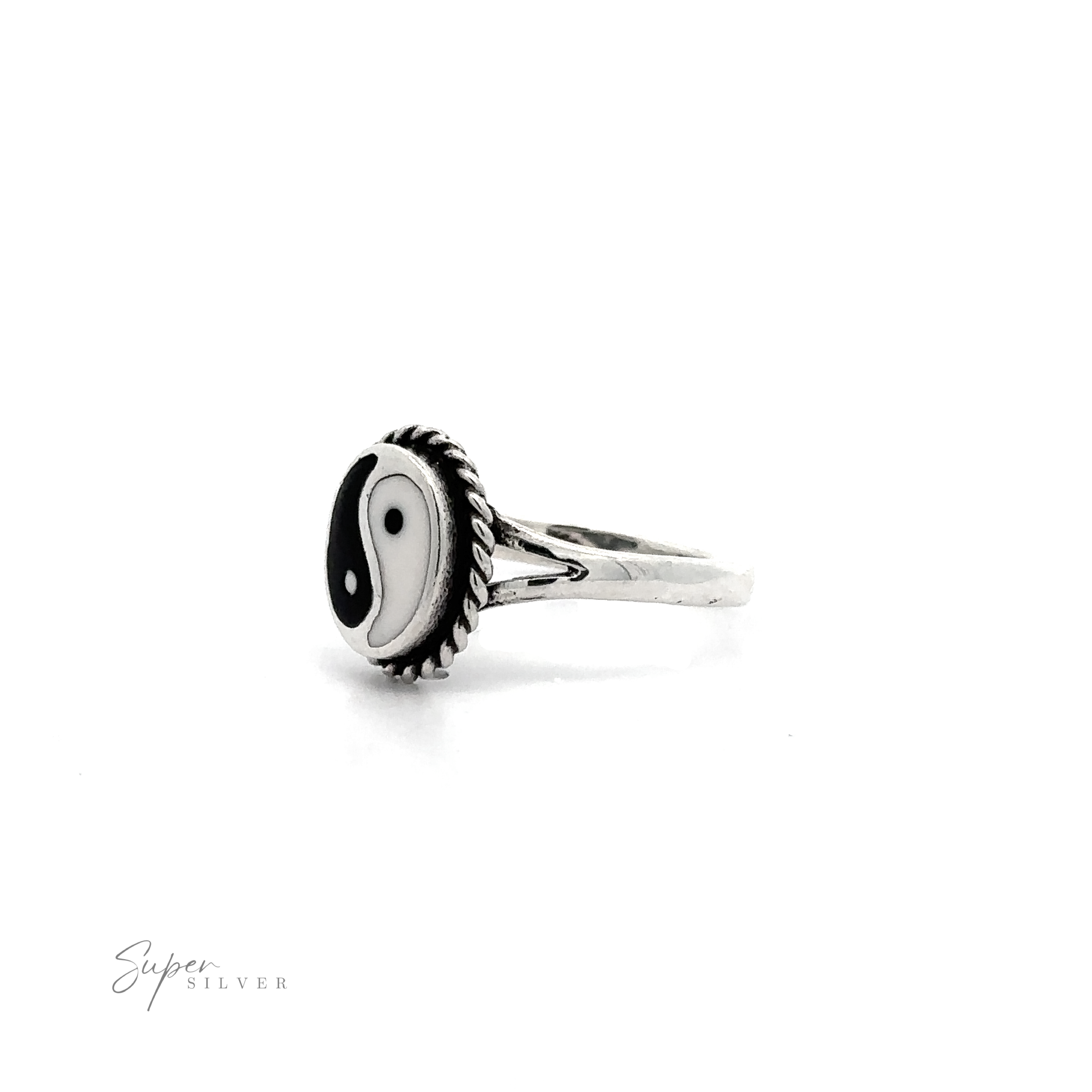 A black and white Yin-Yang Ring with Rope Border symbolizing balance and harmony on a white background.