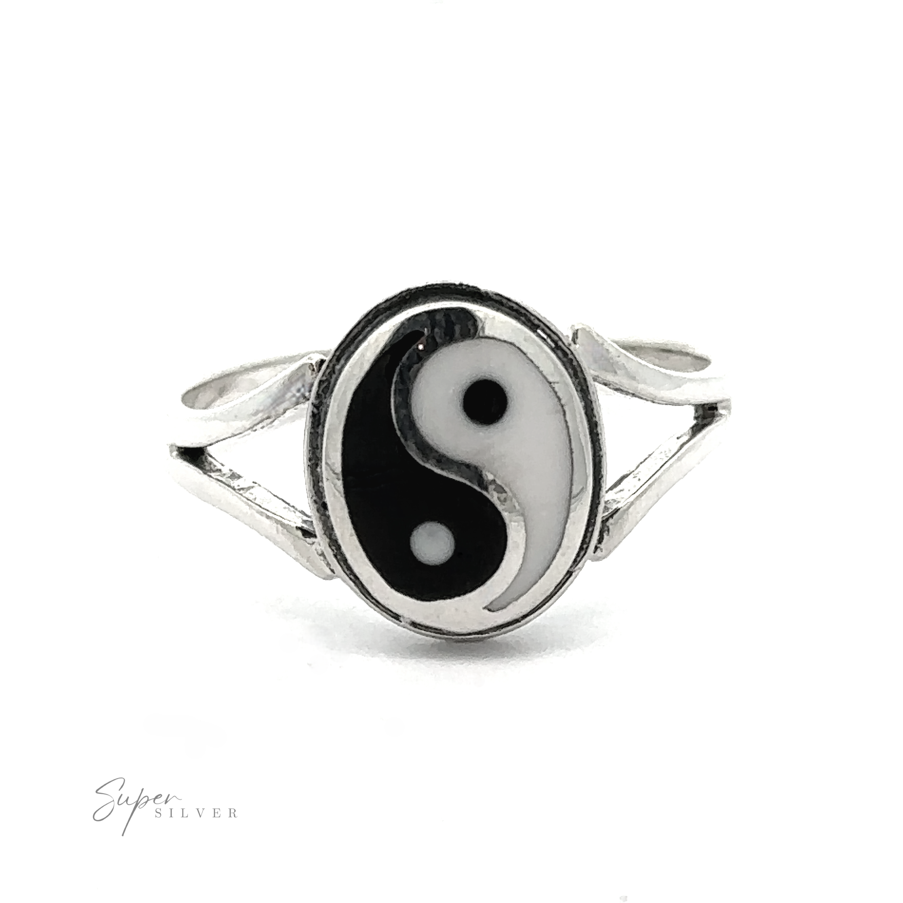 The Simple Inlaid Yin-Yang Ring showcases a striking black and white symbol on its front. The minimalist band elegantly splits into two sections on each side before converging at the yin-yang emblem, resulting in a sophisticated piece of jewelry.