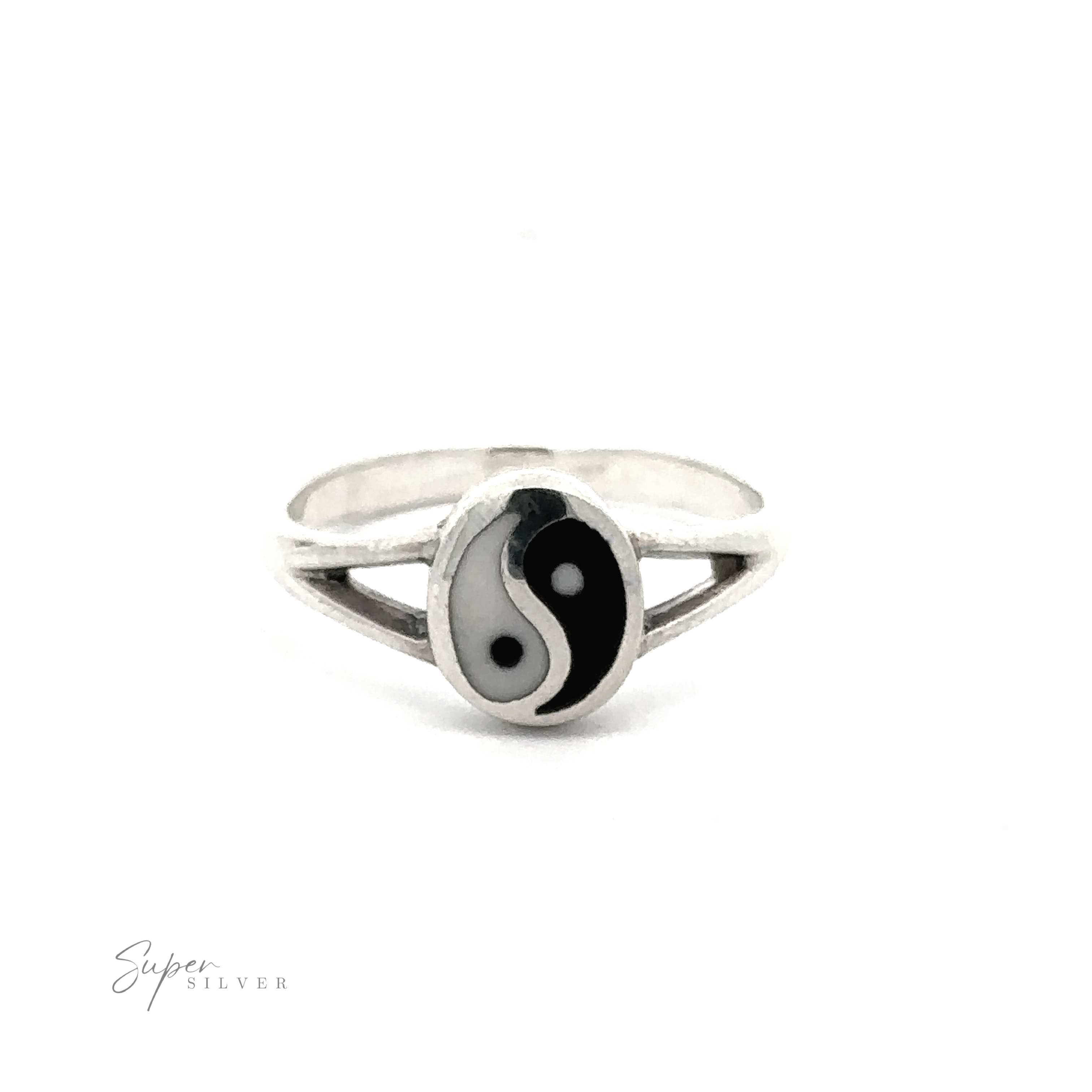 The Simple Inlaid Yin-Yang Ring is a minimalist piece crafted from Sterling Silver, featuring a striking black and white yin-yang symbol on the front. A discreet "Super Silver" logo can be seen in the bottom left corner.