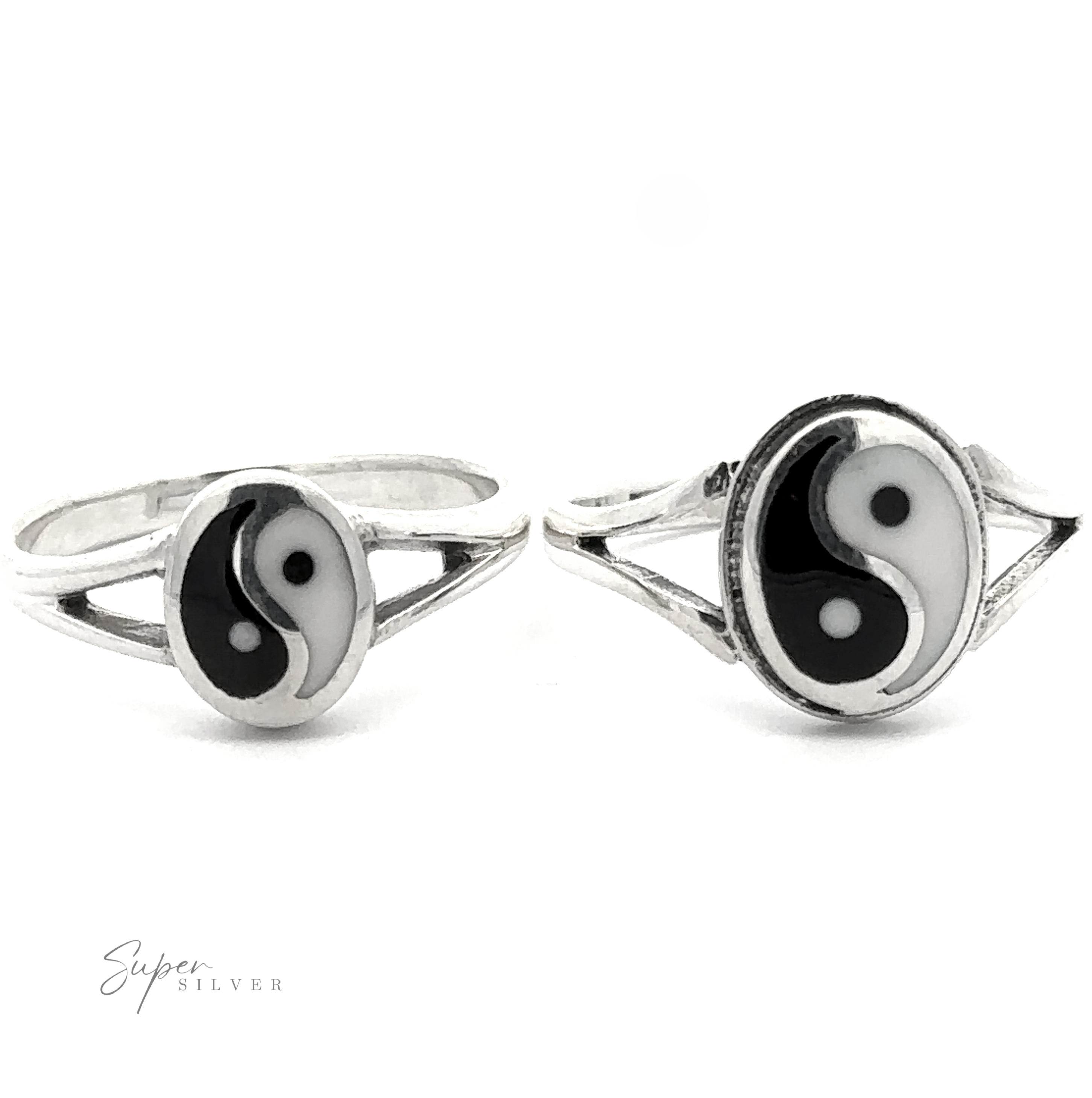 Two Simple Inlaid Yin-Yang Rings in Sterling Silver displayed side by side on a white background, with "Super Silver" branding visible in the corner. Perfect for those who appreciate minimalist jewelry.