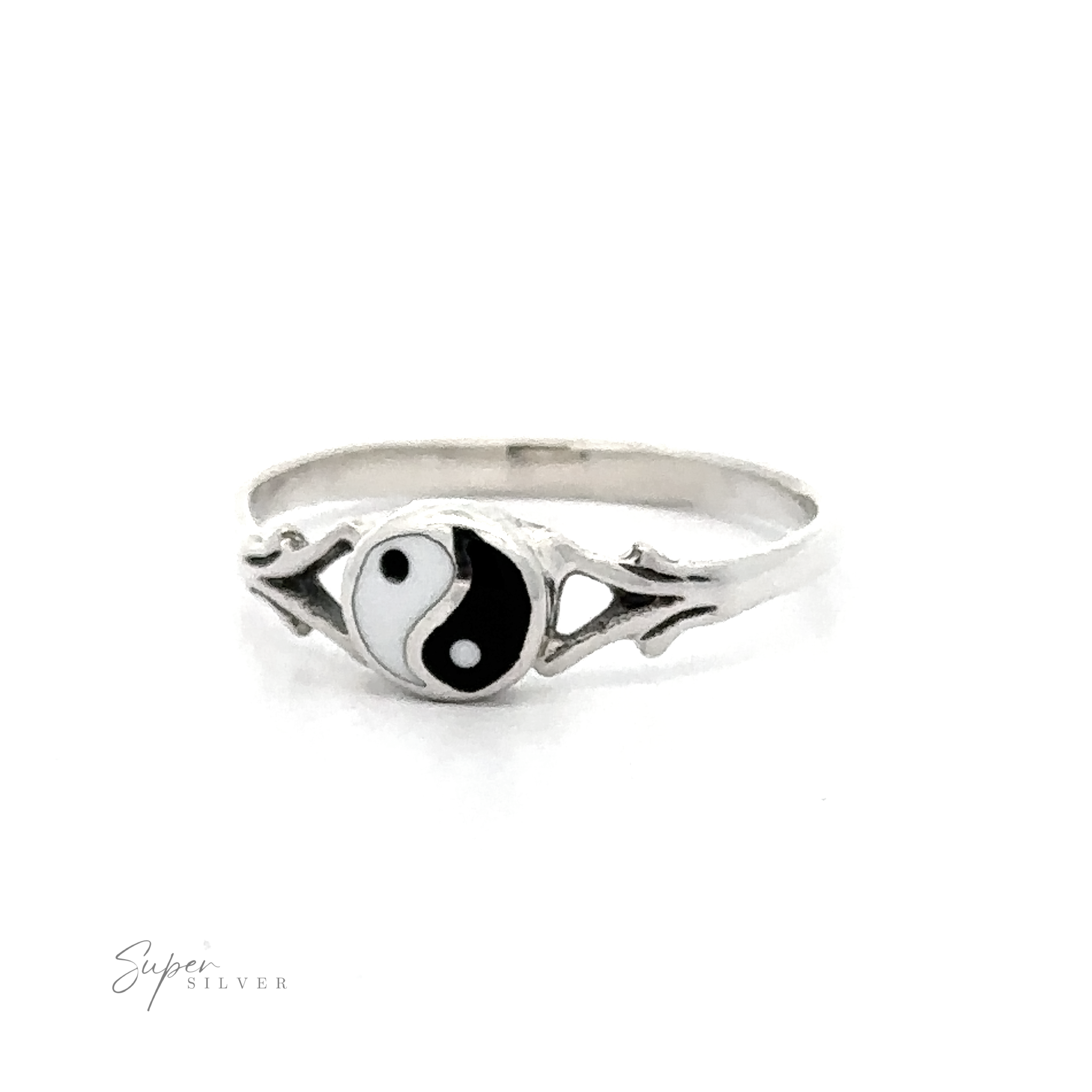 A Delicate Yin Yang Ring featuring a black and white yin yang symbol.