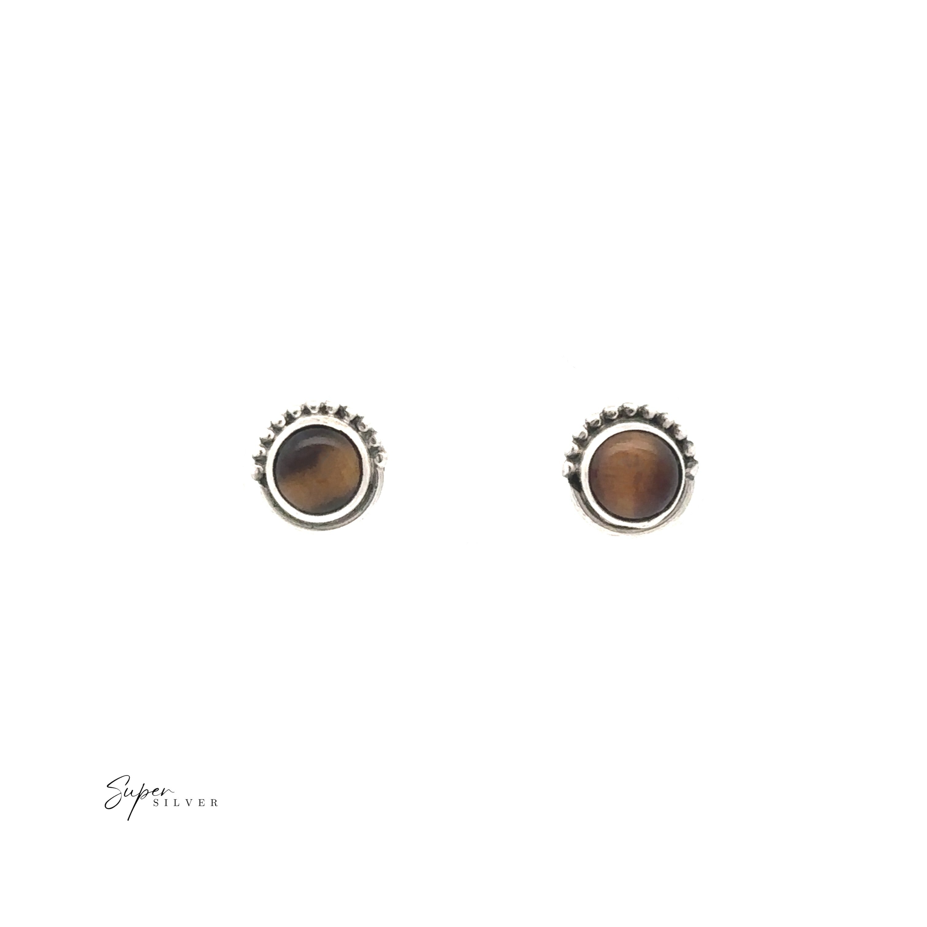 5mm Gemstone Studs With Half Bead Design featuring round brown gemstone centers set in silver, shown on a white background with a "Super Silver" logo in the corner.
