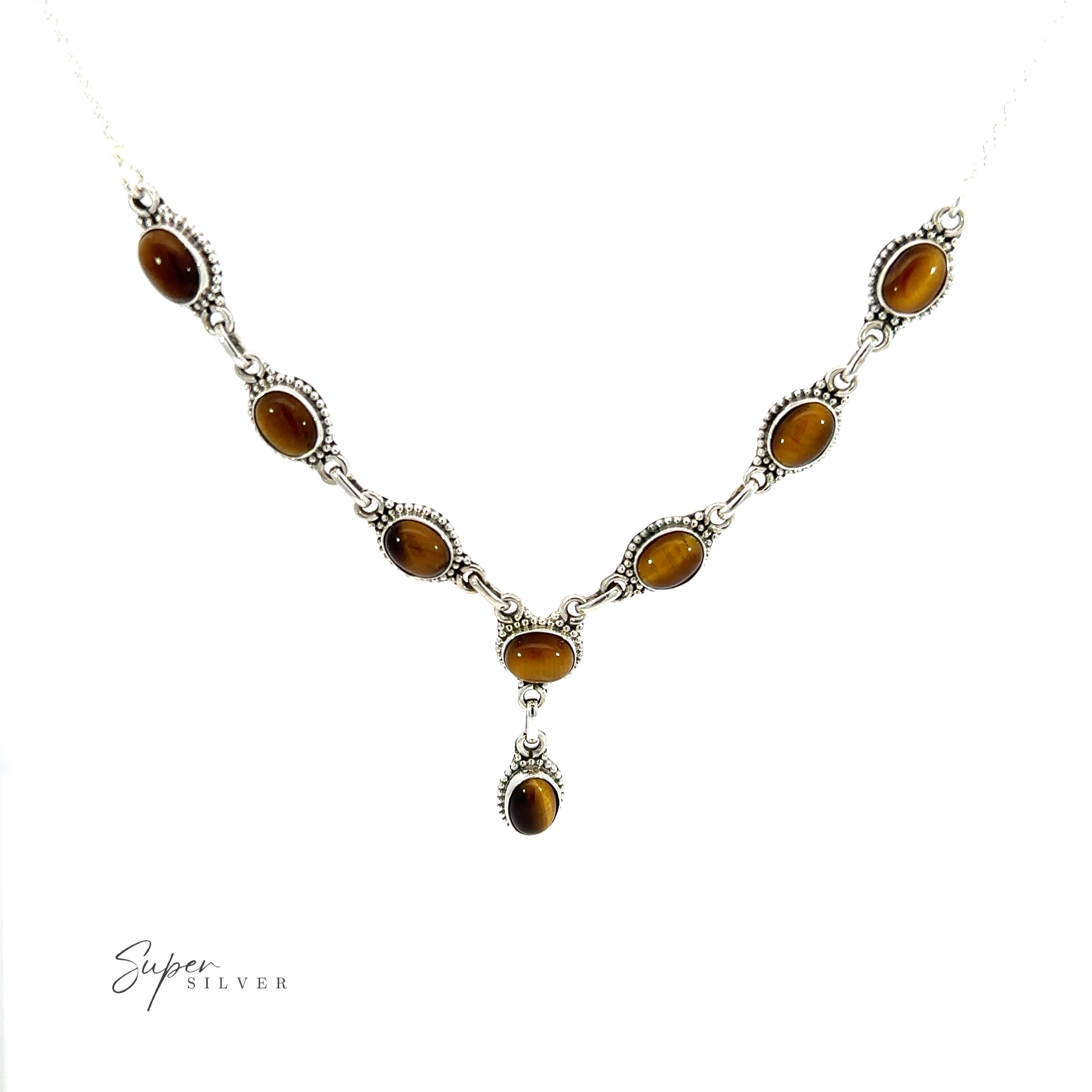 A Gemstone Y-Necklace with Beaded Border with tiger eye and turquoise stones on it. Each gemstone is carefully selected for its vibrant color and natural beauty.