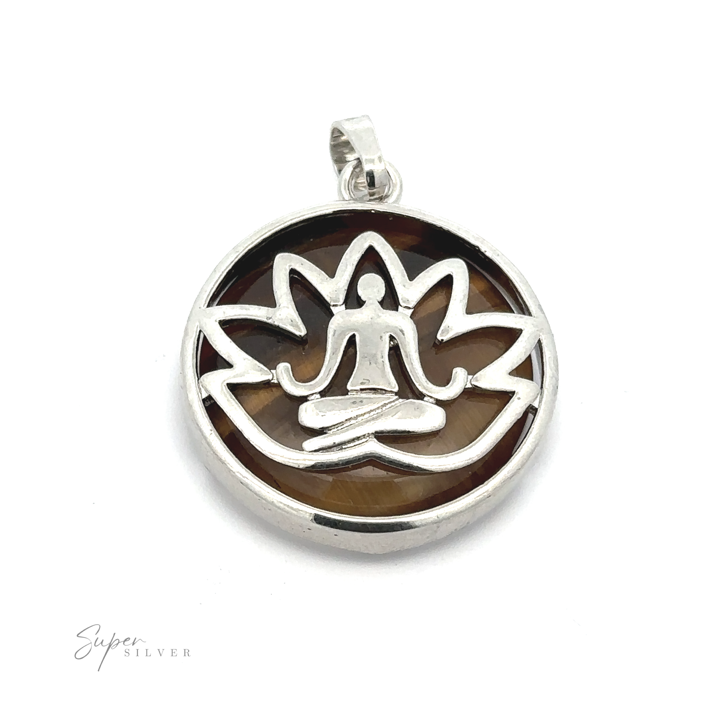 A Silver Plated Lotus Meditation Pendant with Gemstone featuring a person in a lotus position with a lotus flower outline in the background. The pendant has a smooth, polished finish with a ring bail at the top, showcasing an elegant Lotus design.