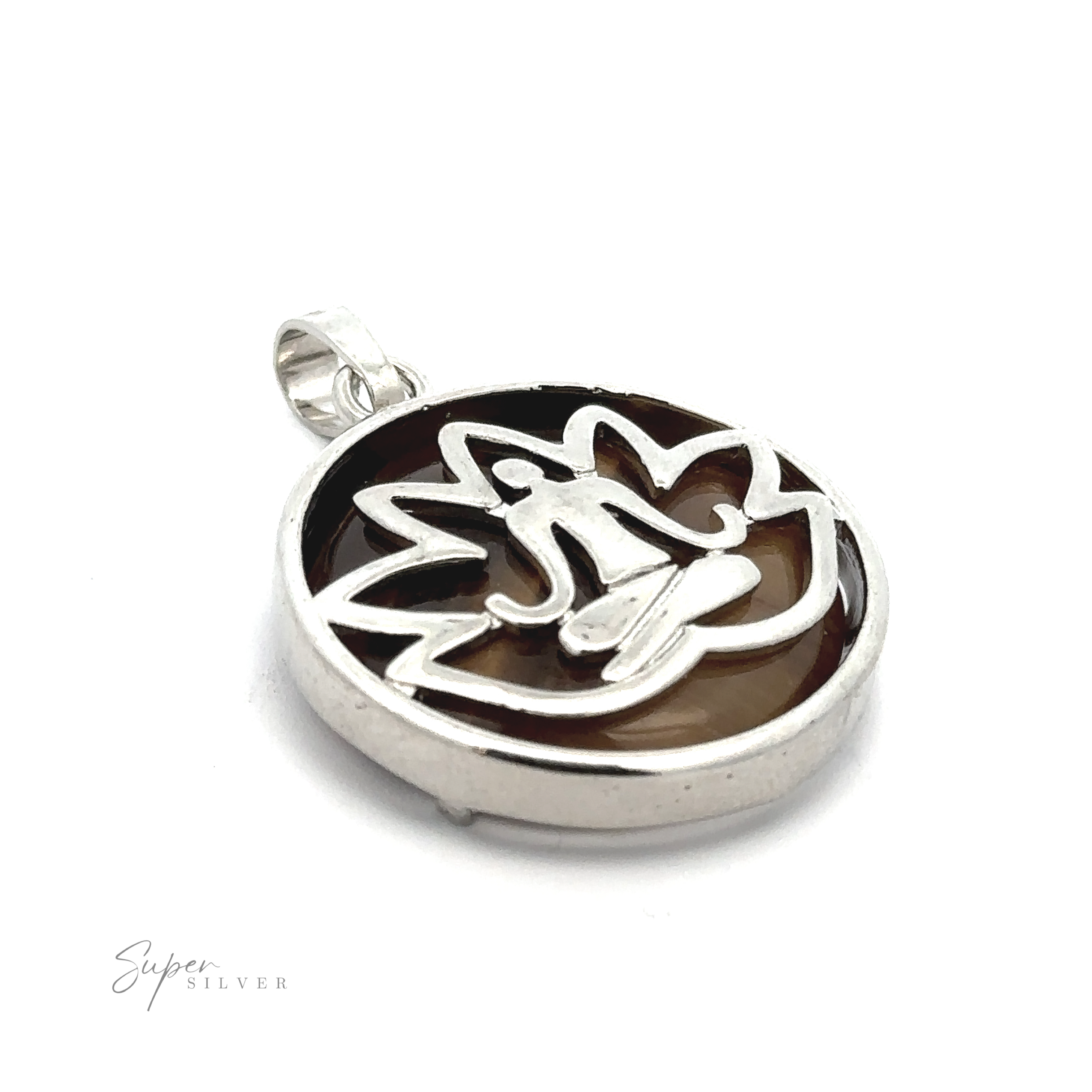 A Silver Plated Lotus Meditation Pendant with Gemstone featuring a stylized figure in a meditative pose against a dark background, encircled by a lotus design. The silver-plated piece has the words "Super Silver" beneath the pendant.