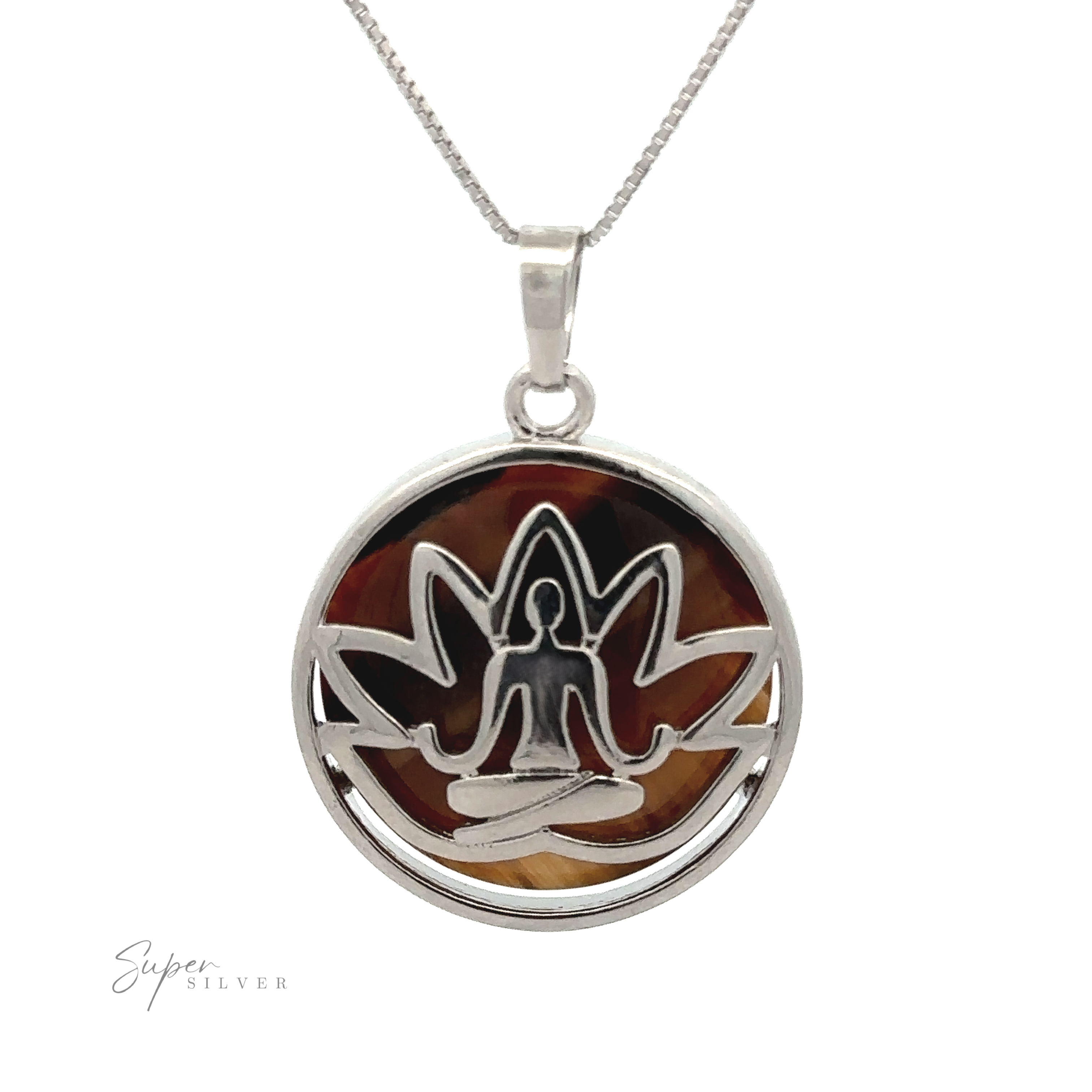 A Silver Plated Lotus Meditation Pendant with Gemstone featuring a figure in a meditation pose with a lotus design backdrop, set against a multicolored brown and black background.