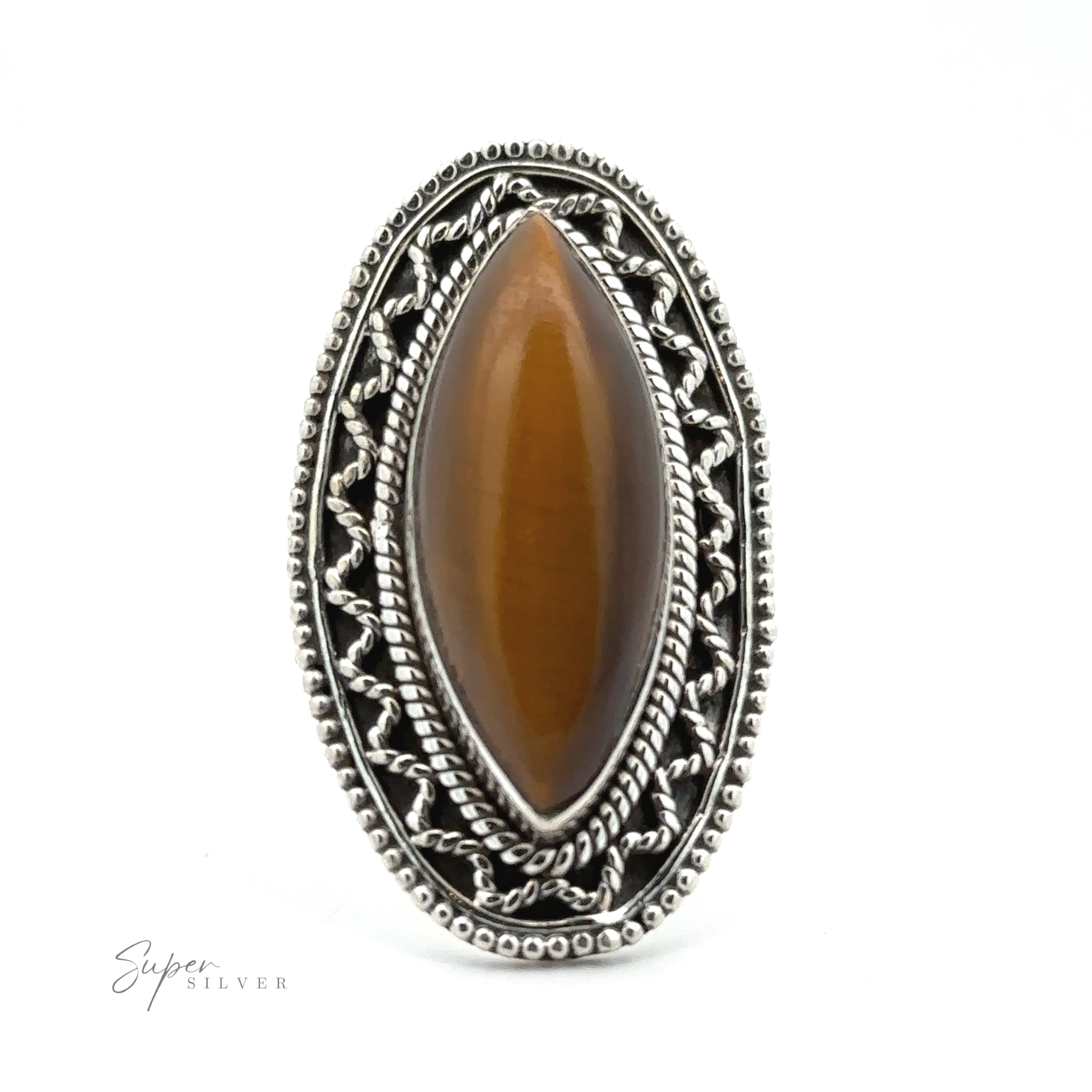 An intricately designed Marquise Shaped Gemstone Ring With Vintage Shield Border featuring an elongated oval brown stone at its center, set against a white background, with a Bohemian twist adding to its unique charm.