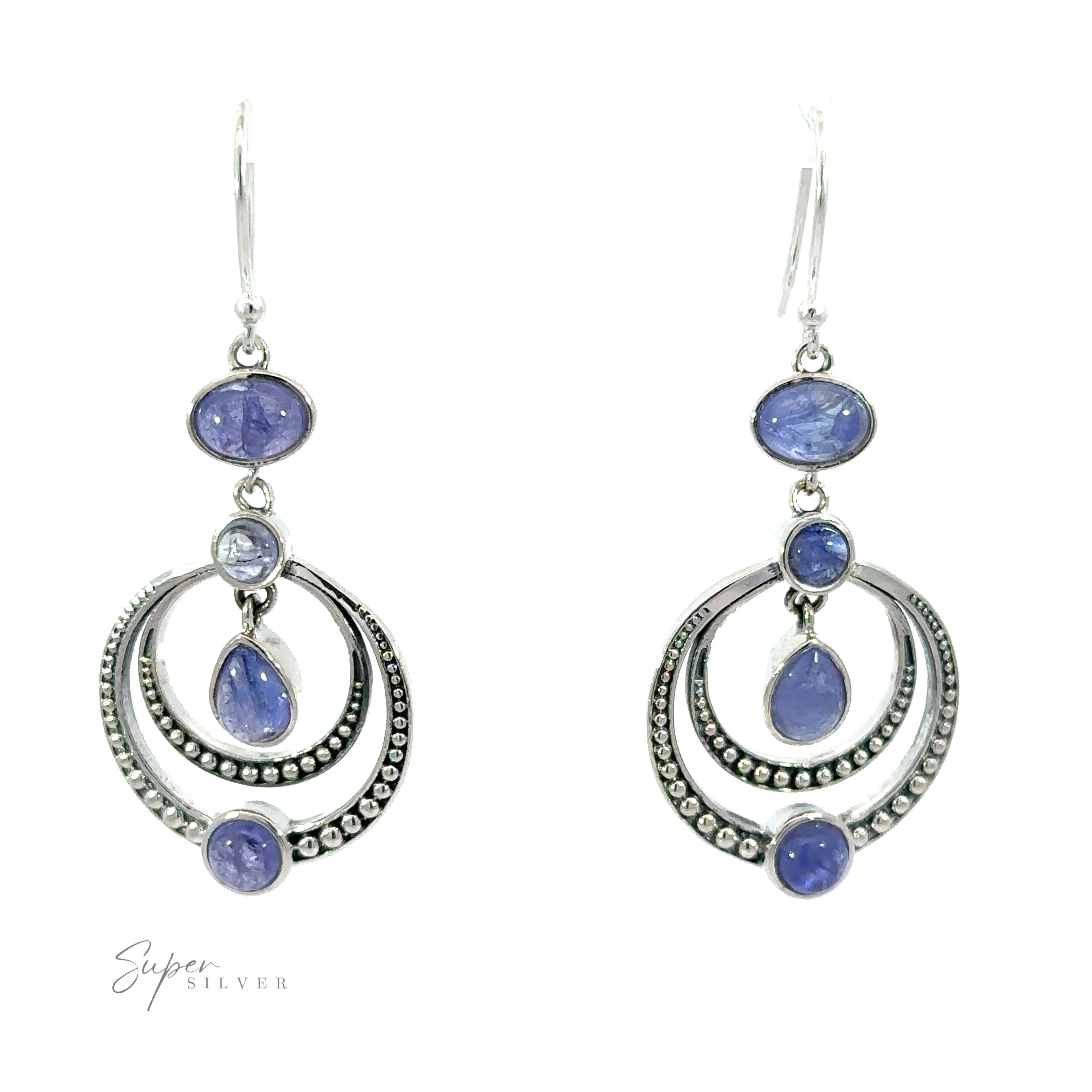 A pair of Overlapping Circle Earrings with Vibrant Gemstones made from .925 Sterling Silver, featuring multiple circular and teardrop-shaped purple gemstones. The double circle design showcases intricate beaded detailing and a hook for wearing.