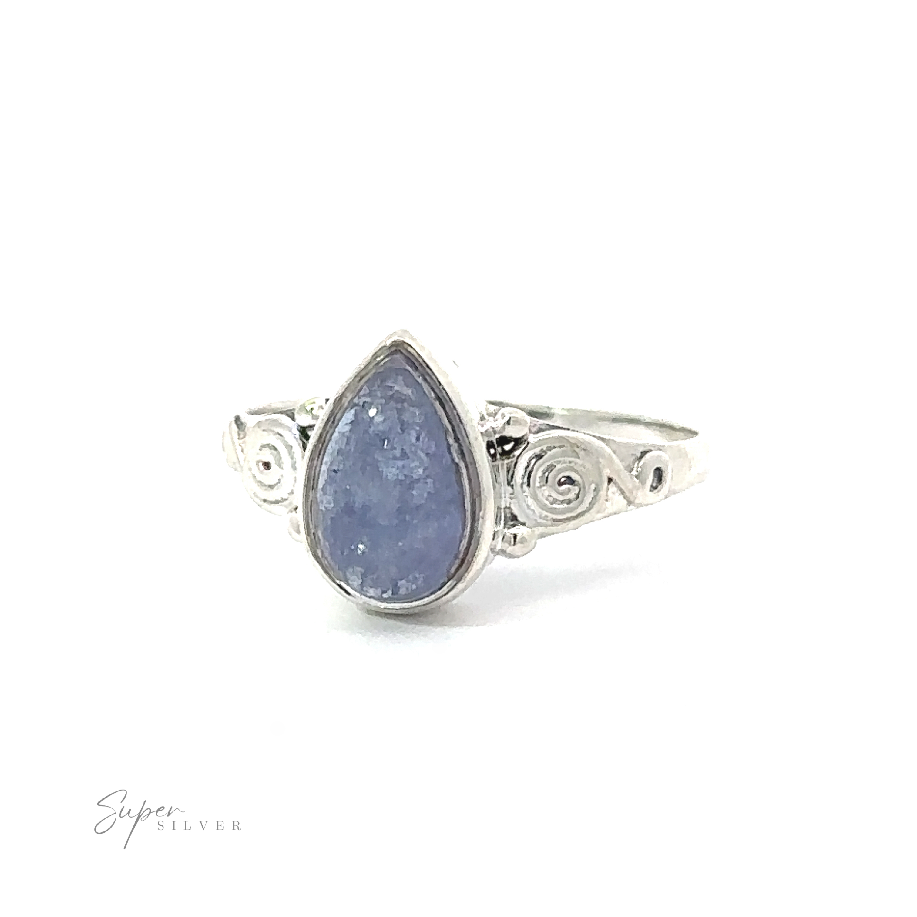 Teardrop Gemstone Ring With Swirls featuring a teardrop, pale blue gemstone set in an intricate band with spiral designs and a touch of bohemian flair, against a white background.