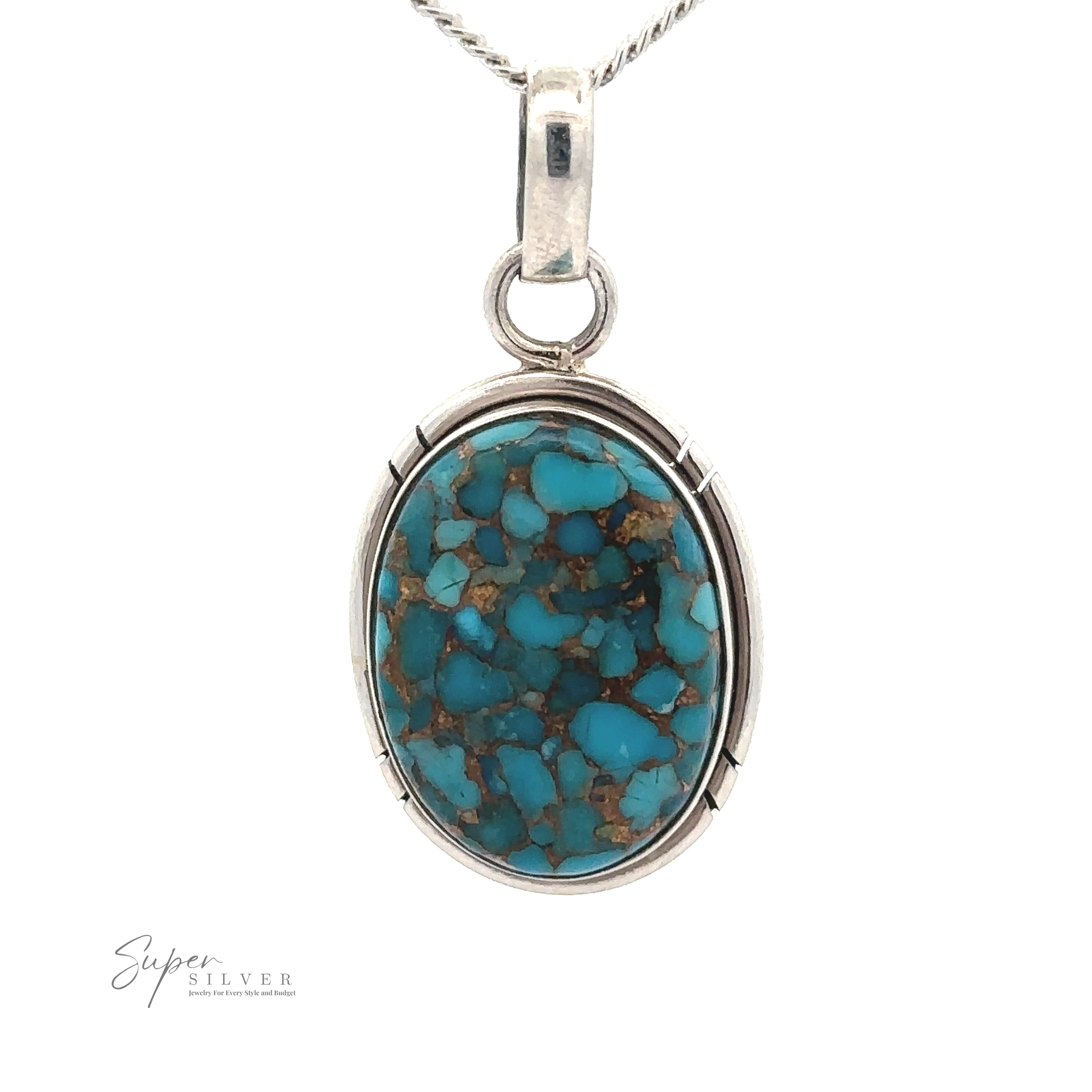 Copper Turquoise Pendant with a silver setting, featuring a speckled blue and brown stone, hung on a simple silver chain. This unique gemstone necklace is an exquisite piece of sterling silver jewelry that stands out beautifully.