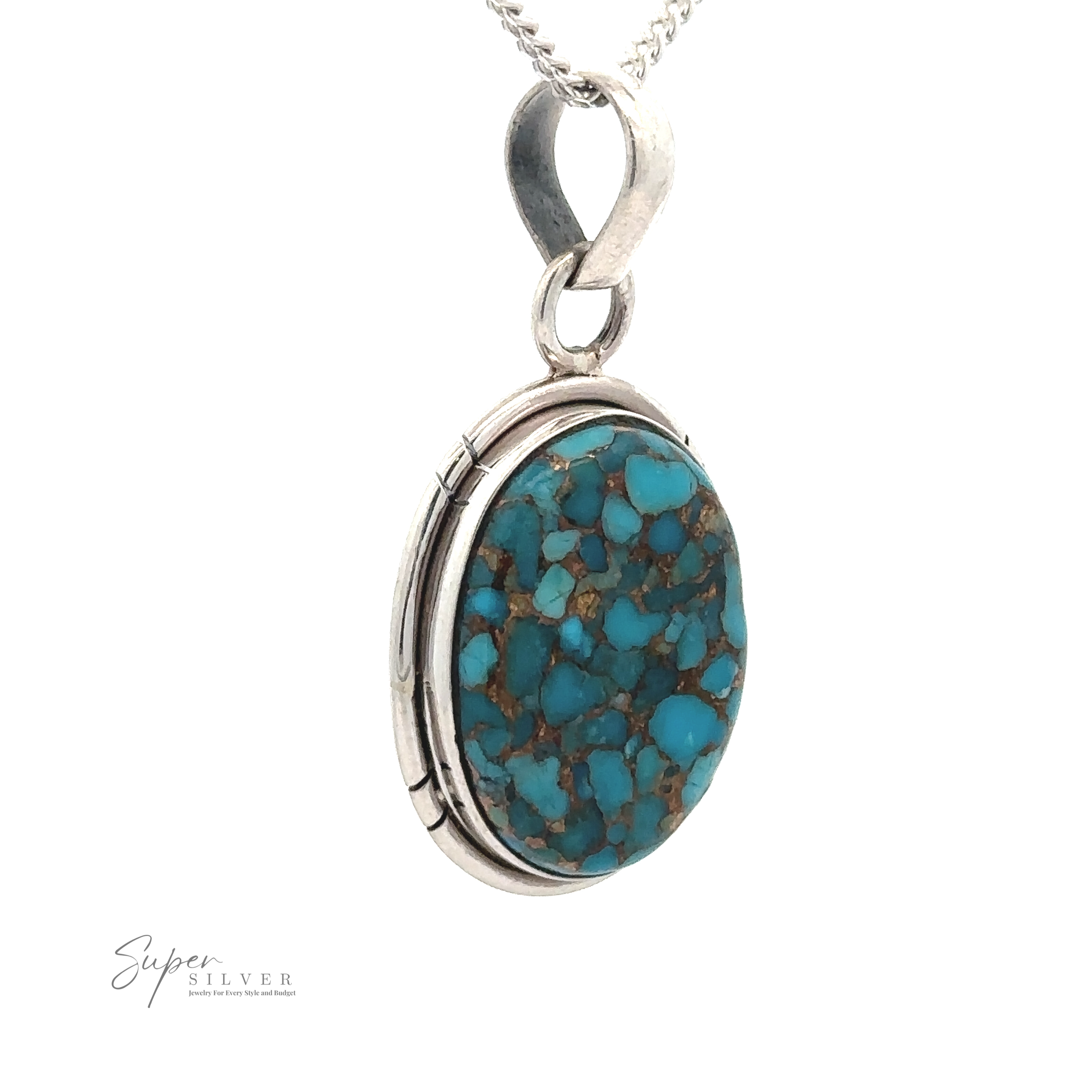 Copper Turquoise Pendant set in a .925 sterling silver frame, showcasing unique patterns, hangs from a sleek silver chain.