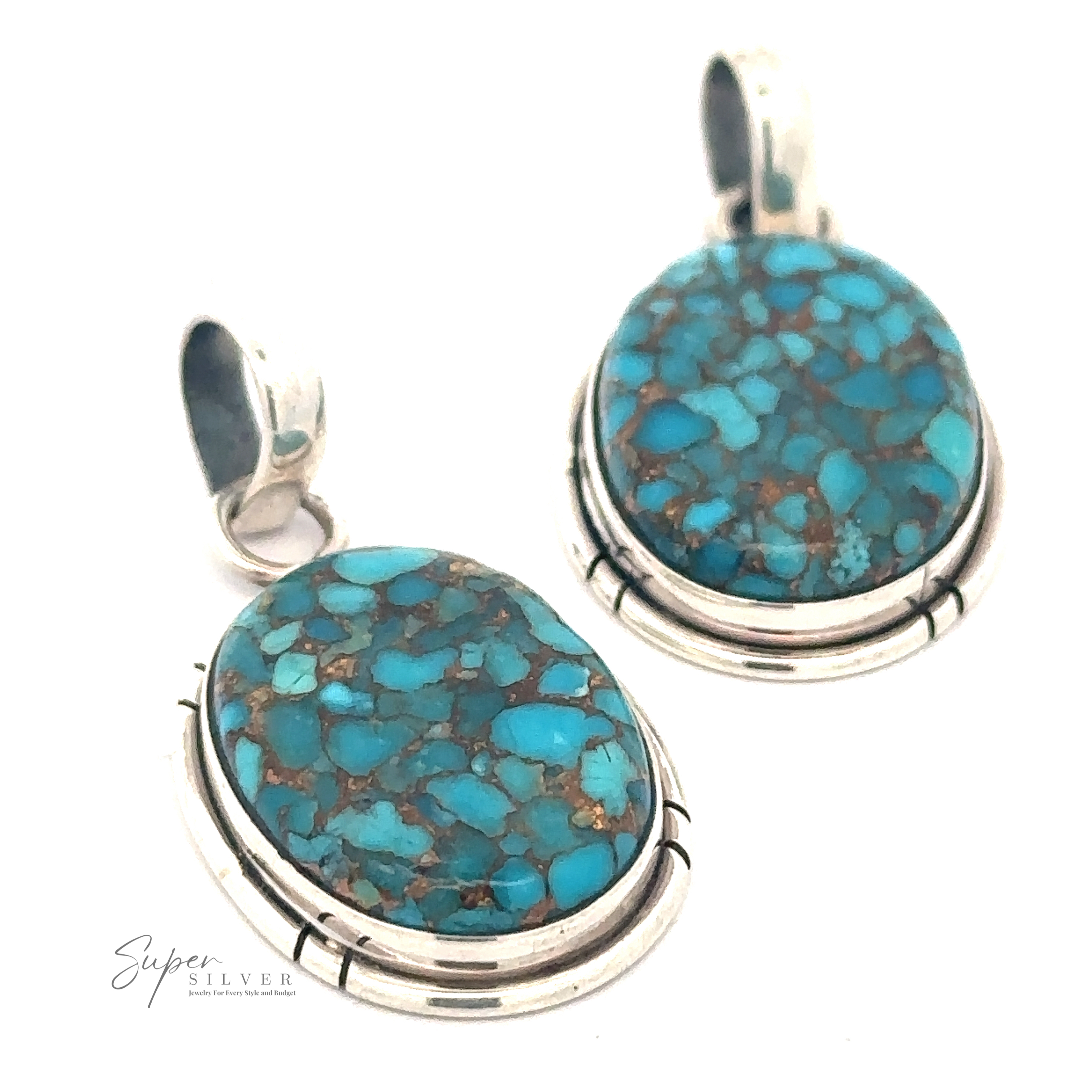Two unique gemstone necklaces feature Copper Turquoise Pendants set in sterling silver, showcasing oval-shaped stones with a speckled pattern.