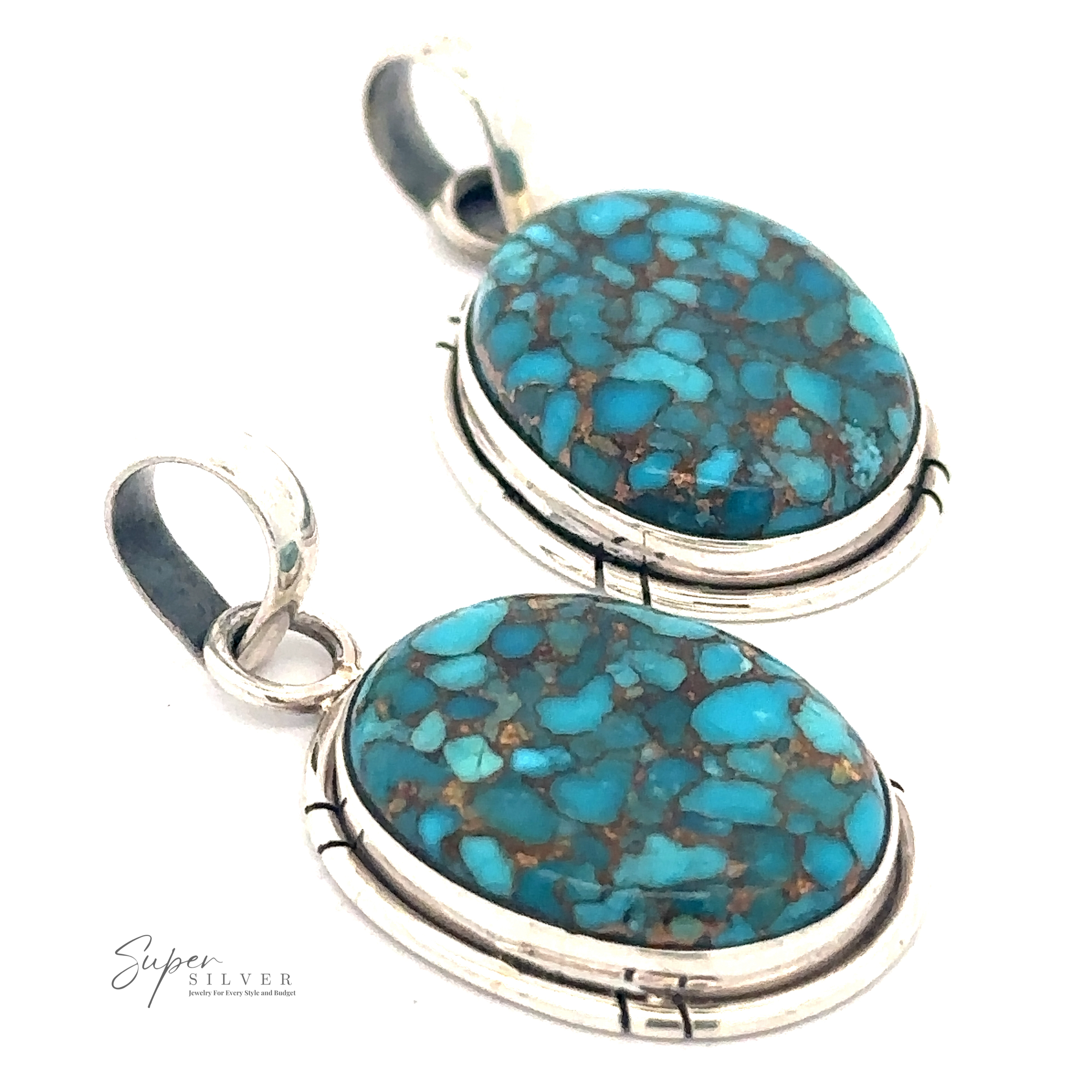 Two Copper Turquoise Pendants with oval copper turquoise stones, featuring intricate marbling in shades of blue and brown. Branding in the corner reads "Super Silver.