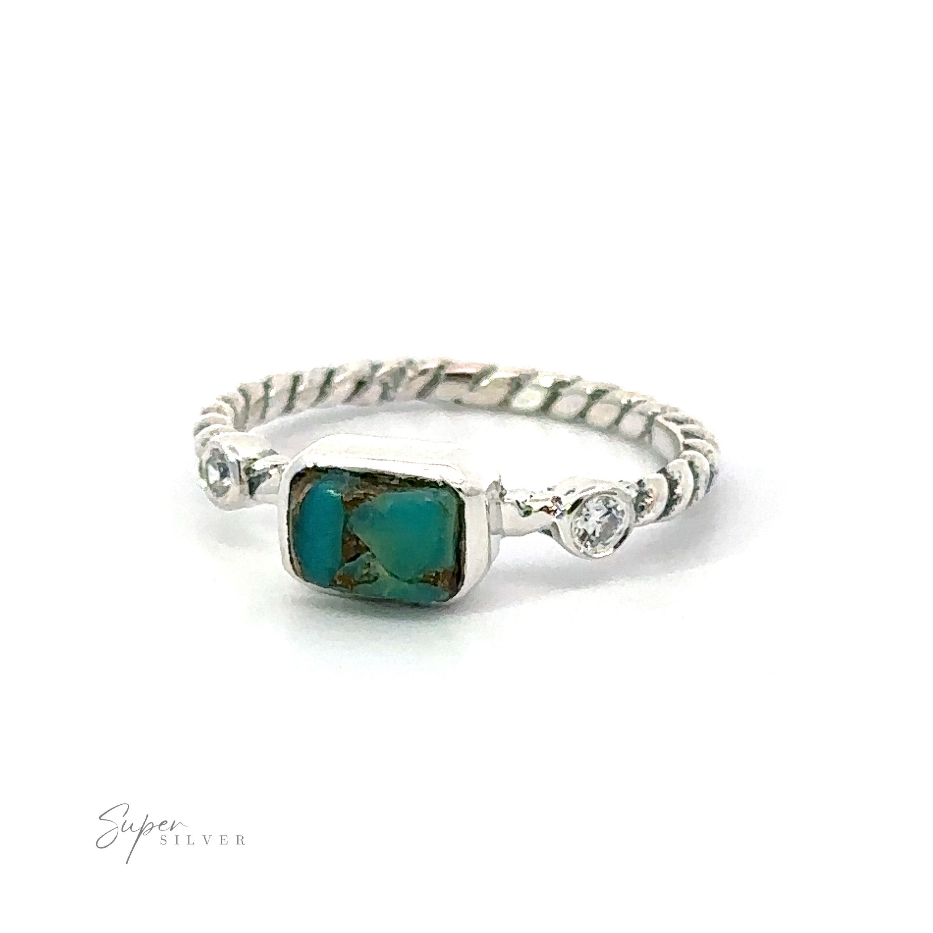 Sterling silver "Rectangle Gemstone Ring with Twisted Band" featuring a rectangle turquoise gemstone and a small clear gemstone, set on a twisted band with vintage charm, photographed against a white background.