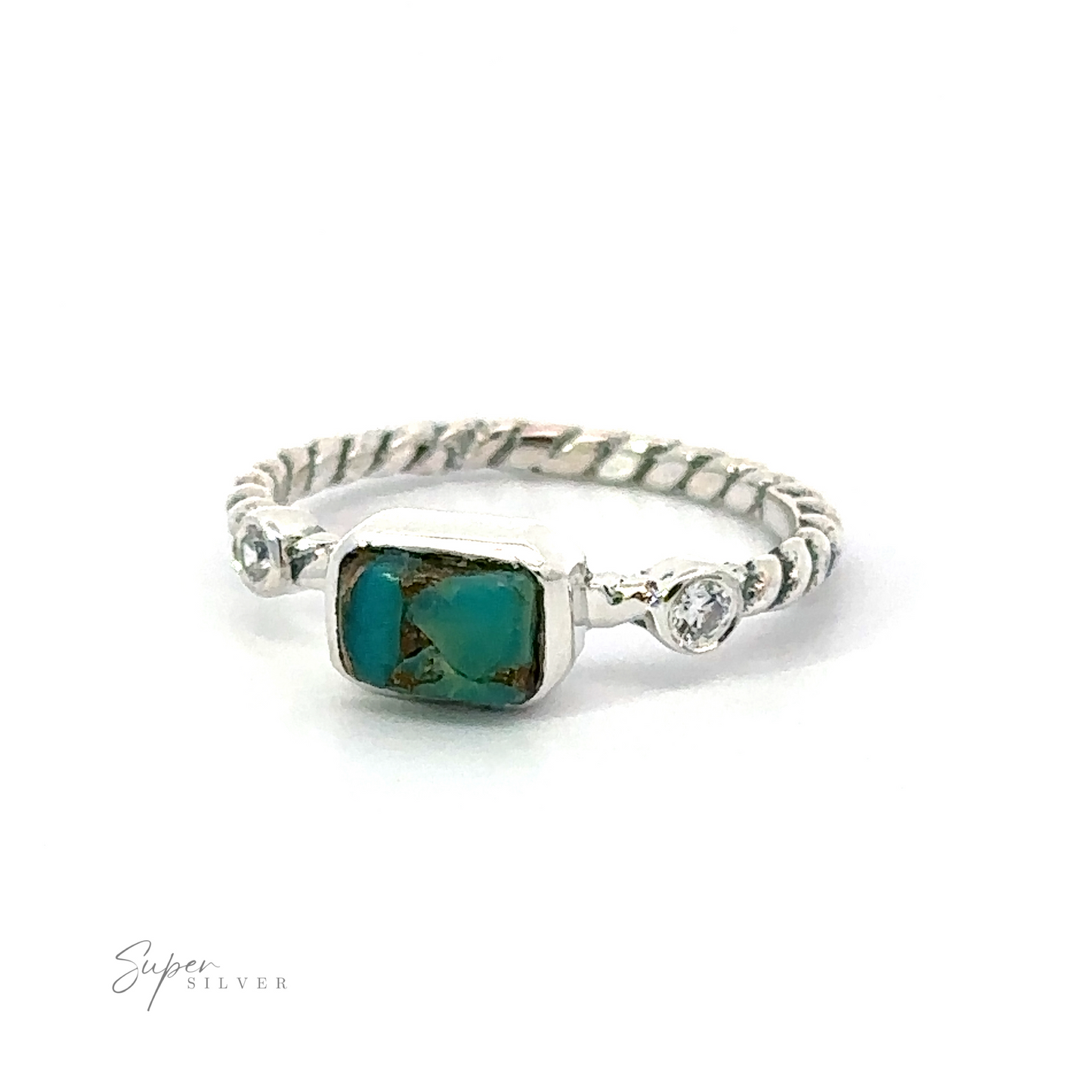 
                  
                    Sterling silver "Rectangle Gemstone Ring with Twisted Band" featuring a rectangle turquoise gemstone and a small clear gemstone, set on a twisted band with vintage charm, photographed against a white background.
                  
                