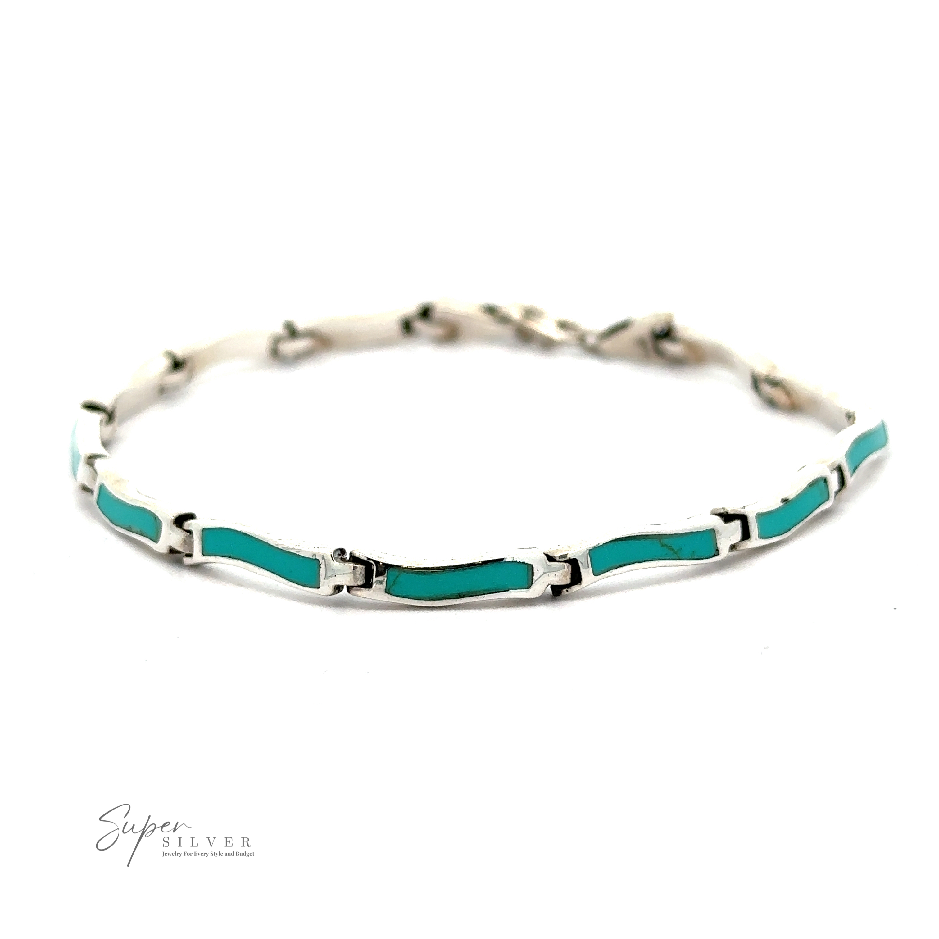 An Inlay Stone Curved Shaped Bracelet featuring rectangular turquoise pieces, with a touch of abalone. Logo in the bottom left corner reads "Super Silver.