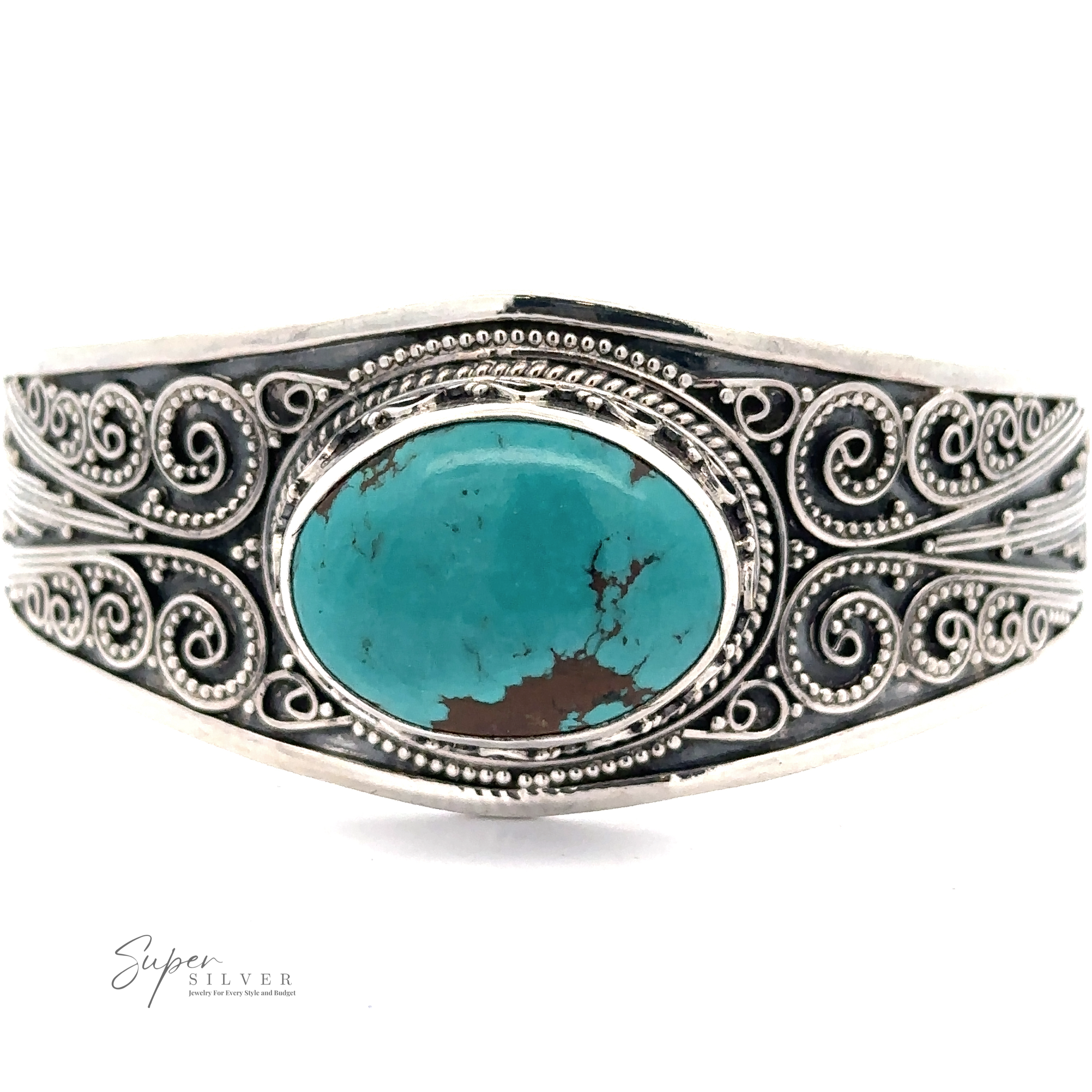 A stunning **Genuine Turquoise Bali Cuff Bracelet** featuring a large central genuine turquoise stone and intricate scrollwork design. The 'Super Silver' logo is visible in the bottom left corner, crafted from .925 Sterling Silver.
