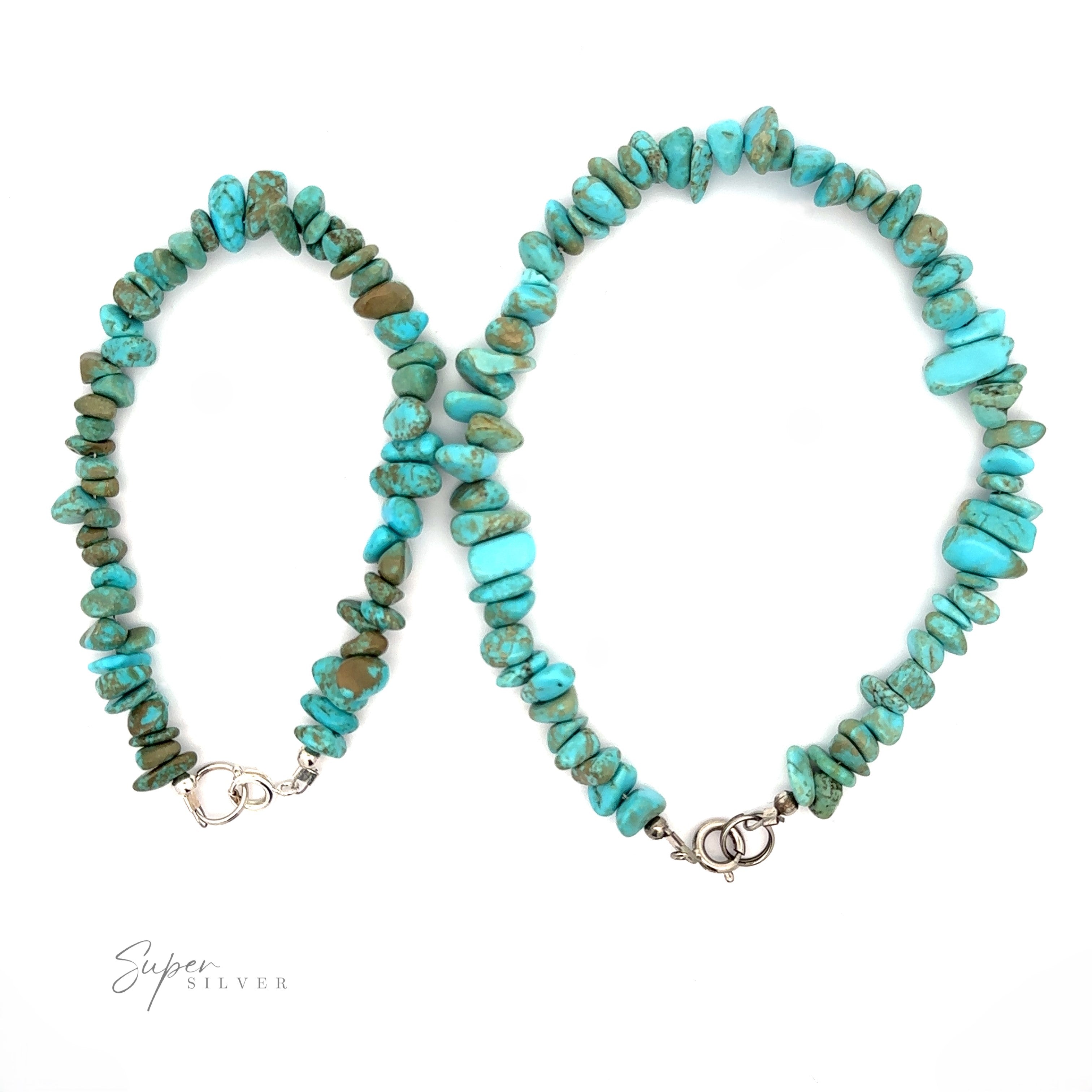 A turquoise beaded necklace and matching Southwest Colorado Turquoise Chip Bracelet or Anklet, featuring .925 Sterling Silver clasps, arranged on a white surface. The ensemble exudes Southwest charm, perfect for any occasion.