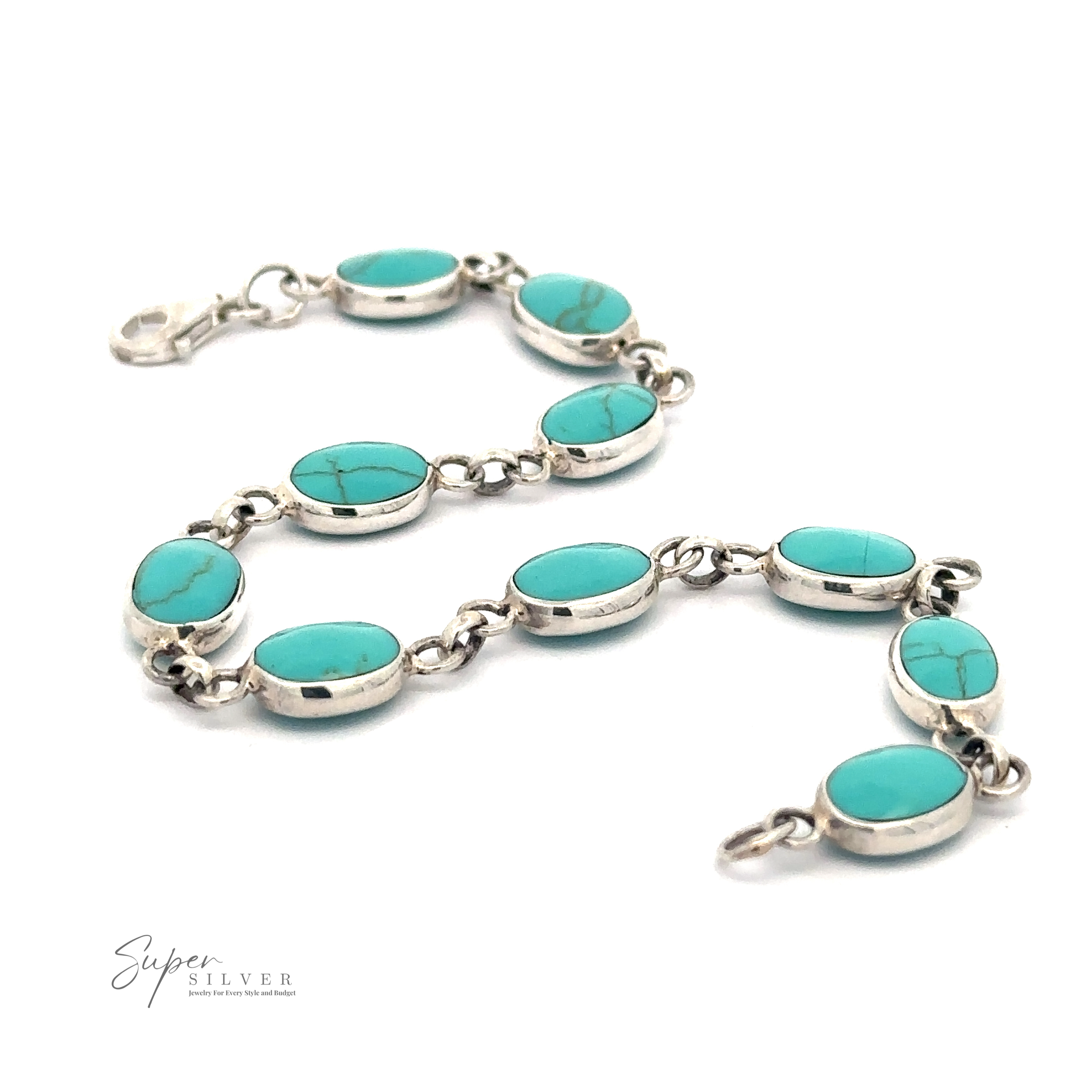Sterling silver jewelry featuring oval turquoise stones set in individual silver links, with a lobster clasp closure. "Super Silver" logo in the bottom left corner. Introducing our Oval Turquoise Bracelet.