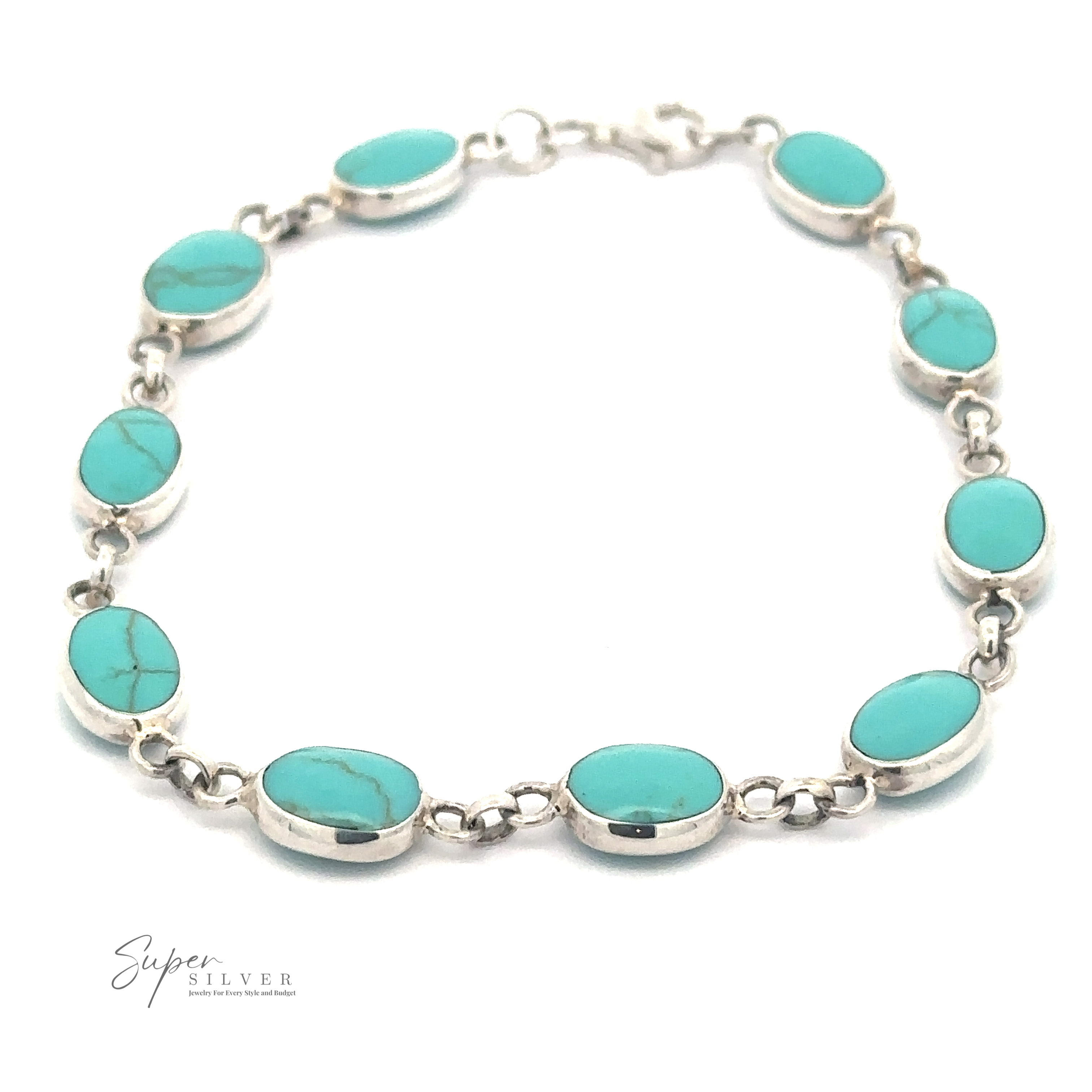Photo of an Oval Turquoise Bracelet featuring ten oval turquoise stones linked together. The brand name "Super Silver" is in the bottom left corner.