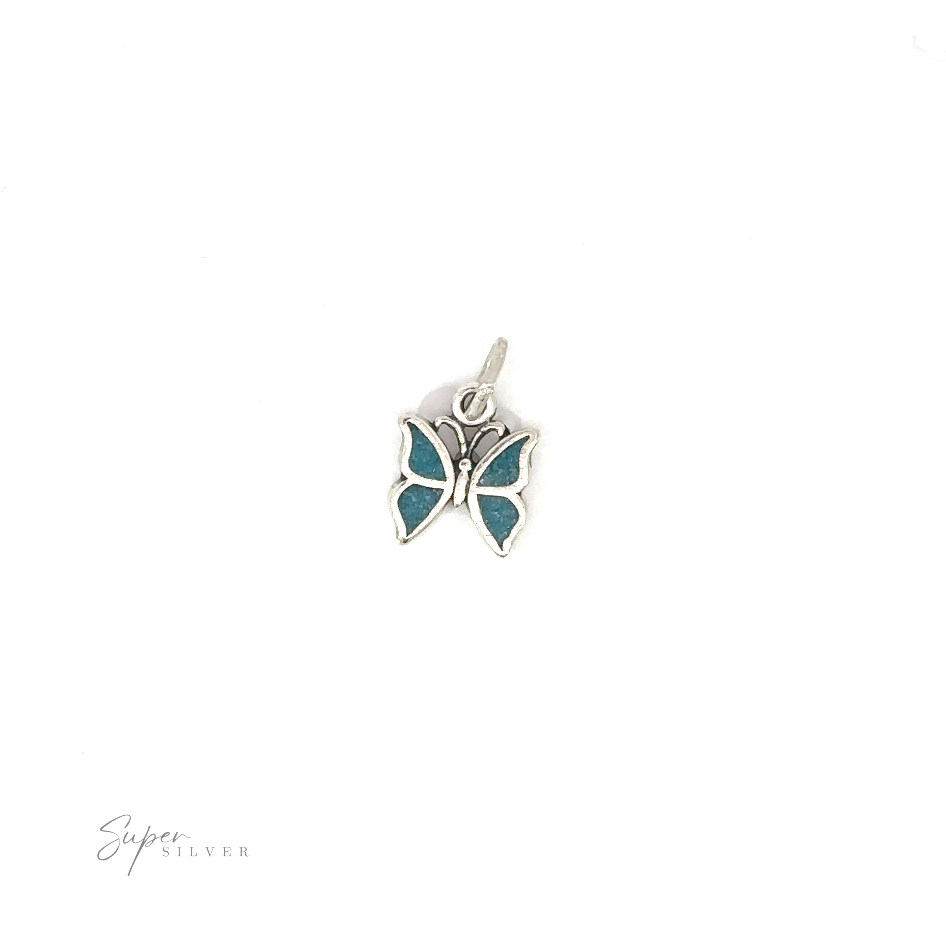 A Little Turquoise Butterfly Pendant with understated beauty on a white background.