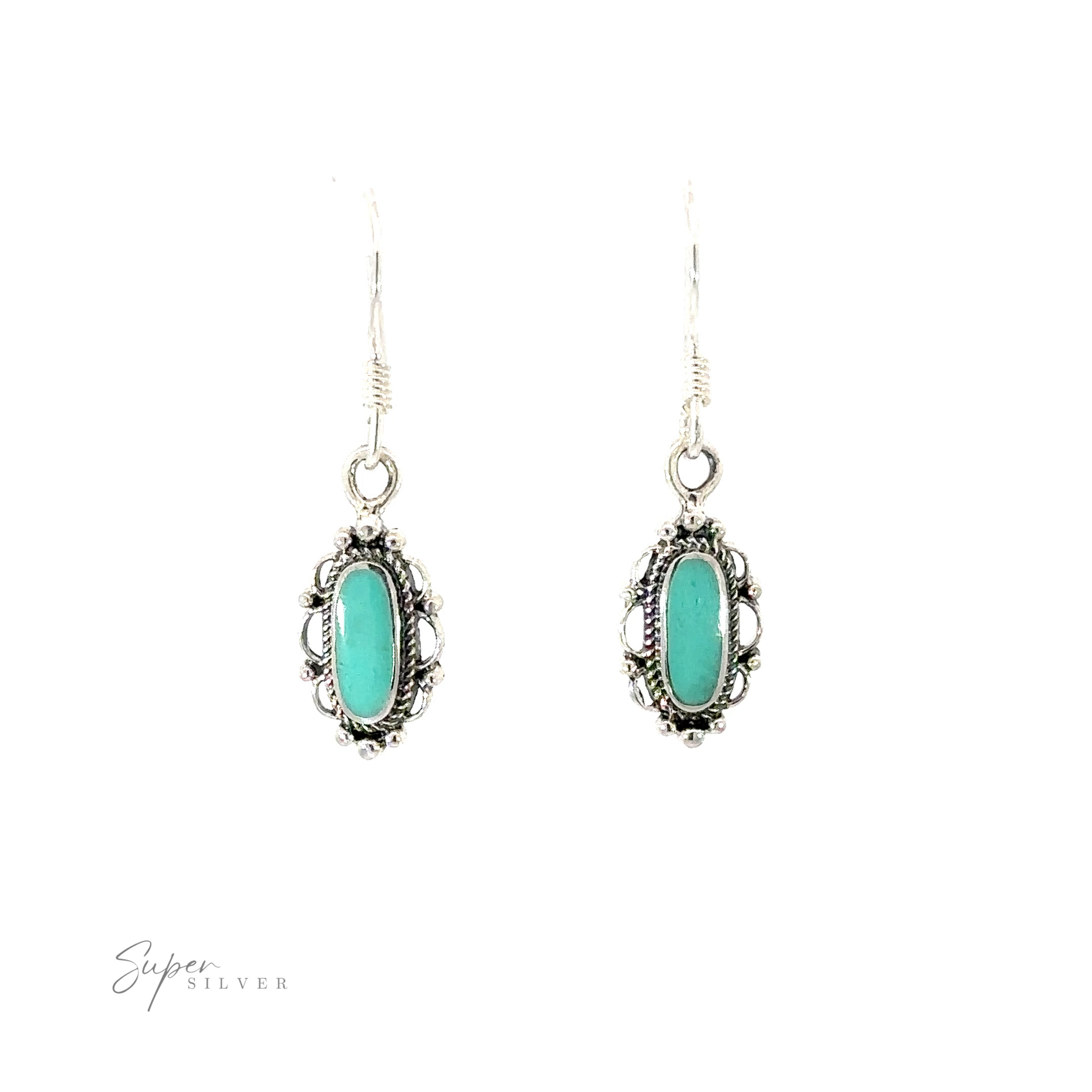Dainty Vintage Inspired Oval Inlaid Stone Earrings with turquoise stones.