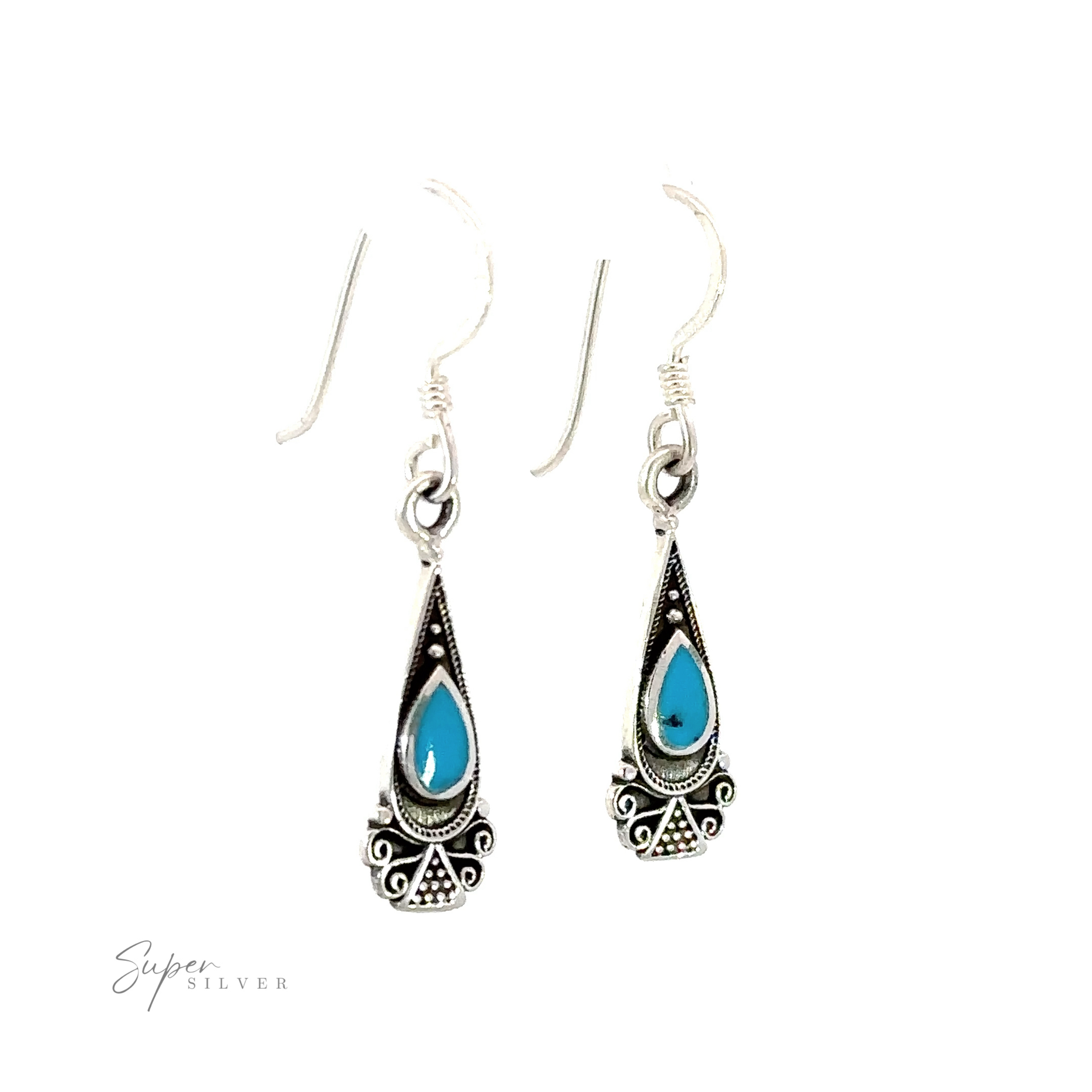 A pair of Bali Inspired Teardrop Shaped Earrings with Inlay Stones.