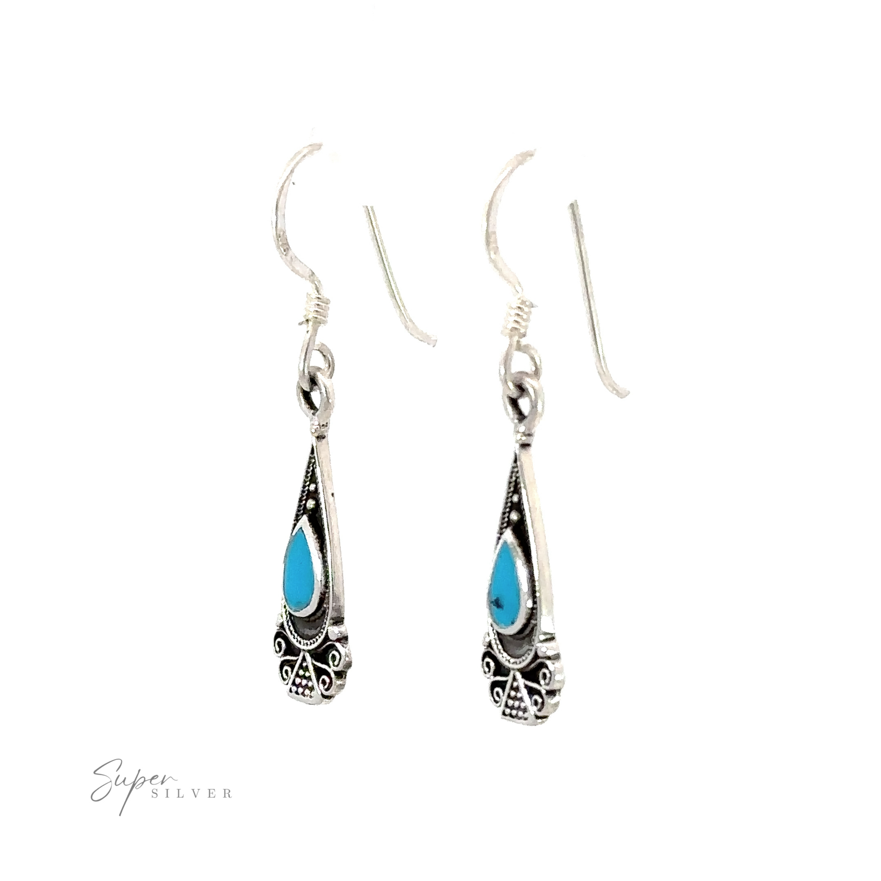 These sterling silver earrings feature Bali Inspired Teardrop Shaped Earrings With Inlay Stones, inspired by Bali.