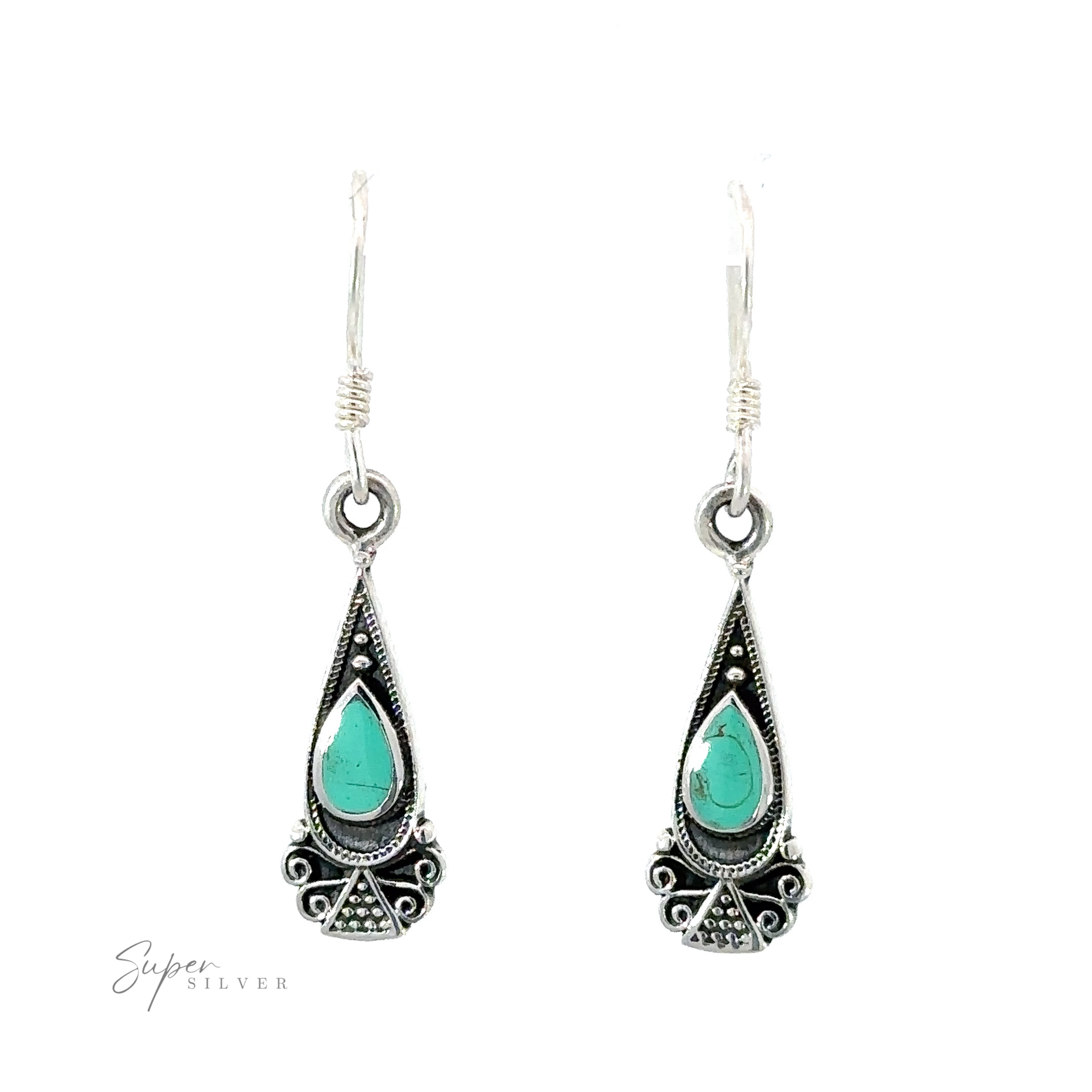 These Bali Inspired Teardrop Shaped Earrings With Inlay Stones feature beautiful turquoise teardrop stones.
