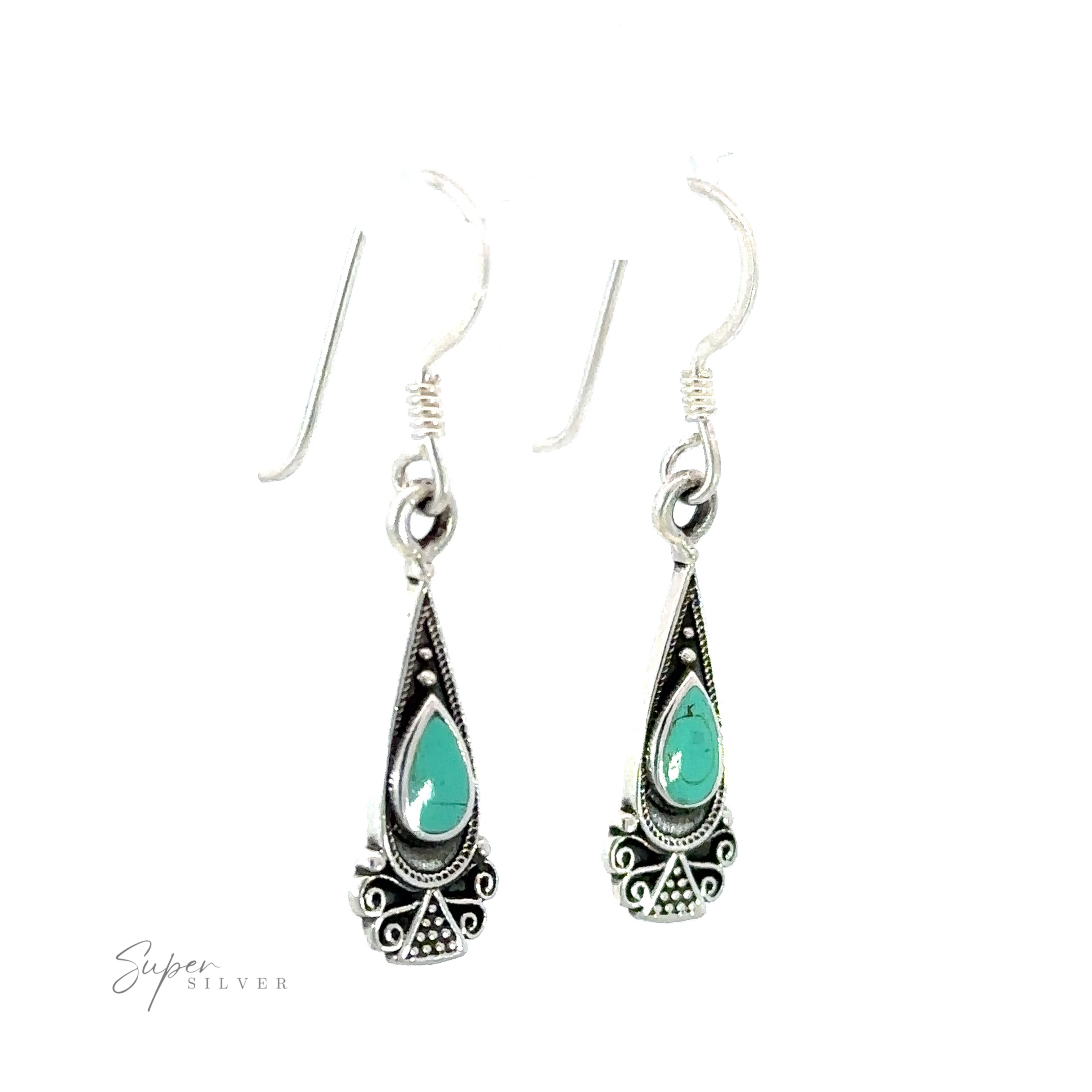 Bali Inspired Teardrop Shaped Earrings With Inlay Stones featuring inlaid turquoise stones.