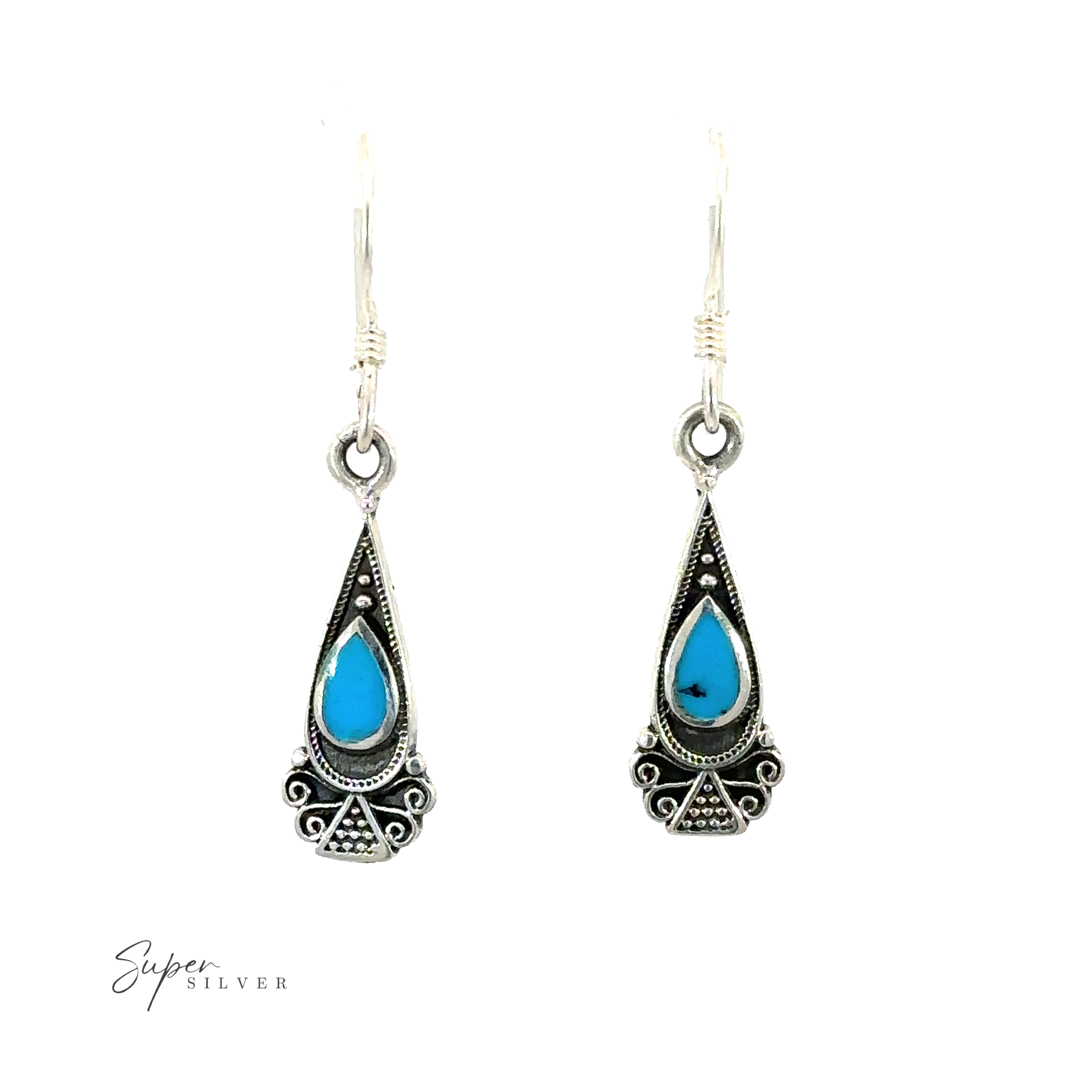 A pair of Bali Inspired Teardrop Shaped Earrings With Inlay Stones.