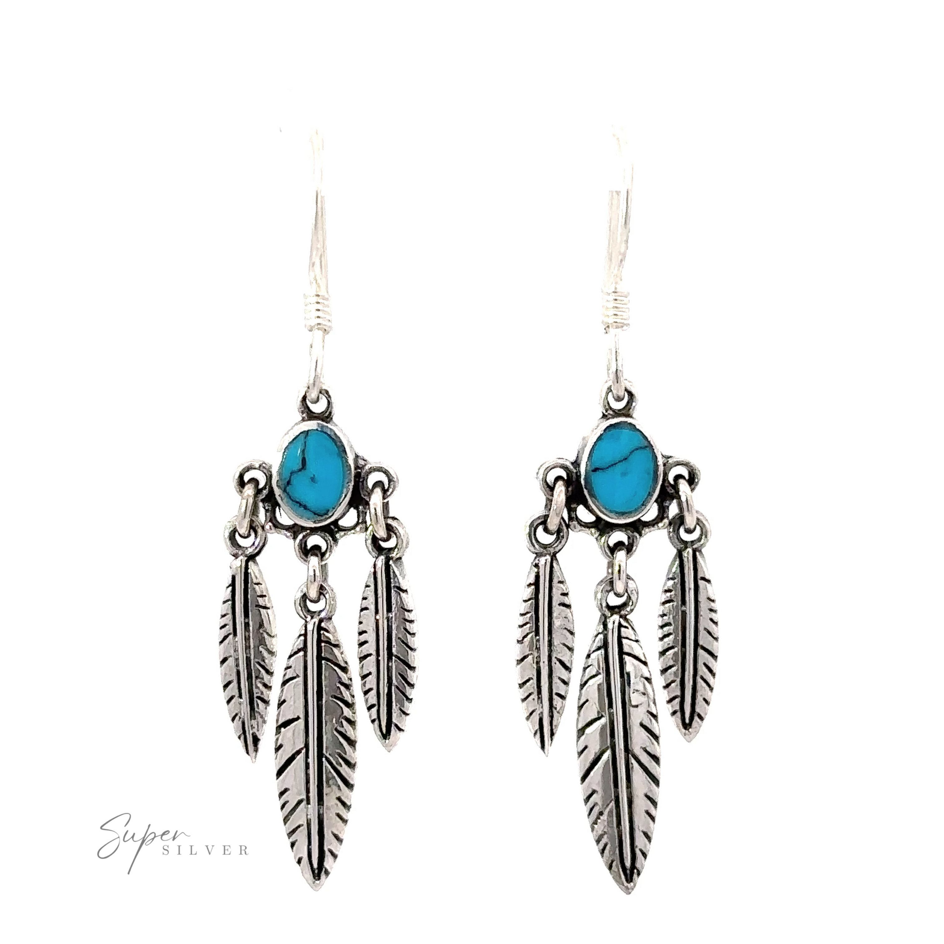 A pair of Western Inspired Earrings with Feather Dangles and Inlay Stones.