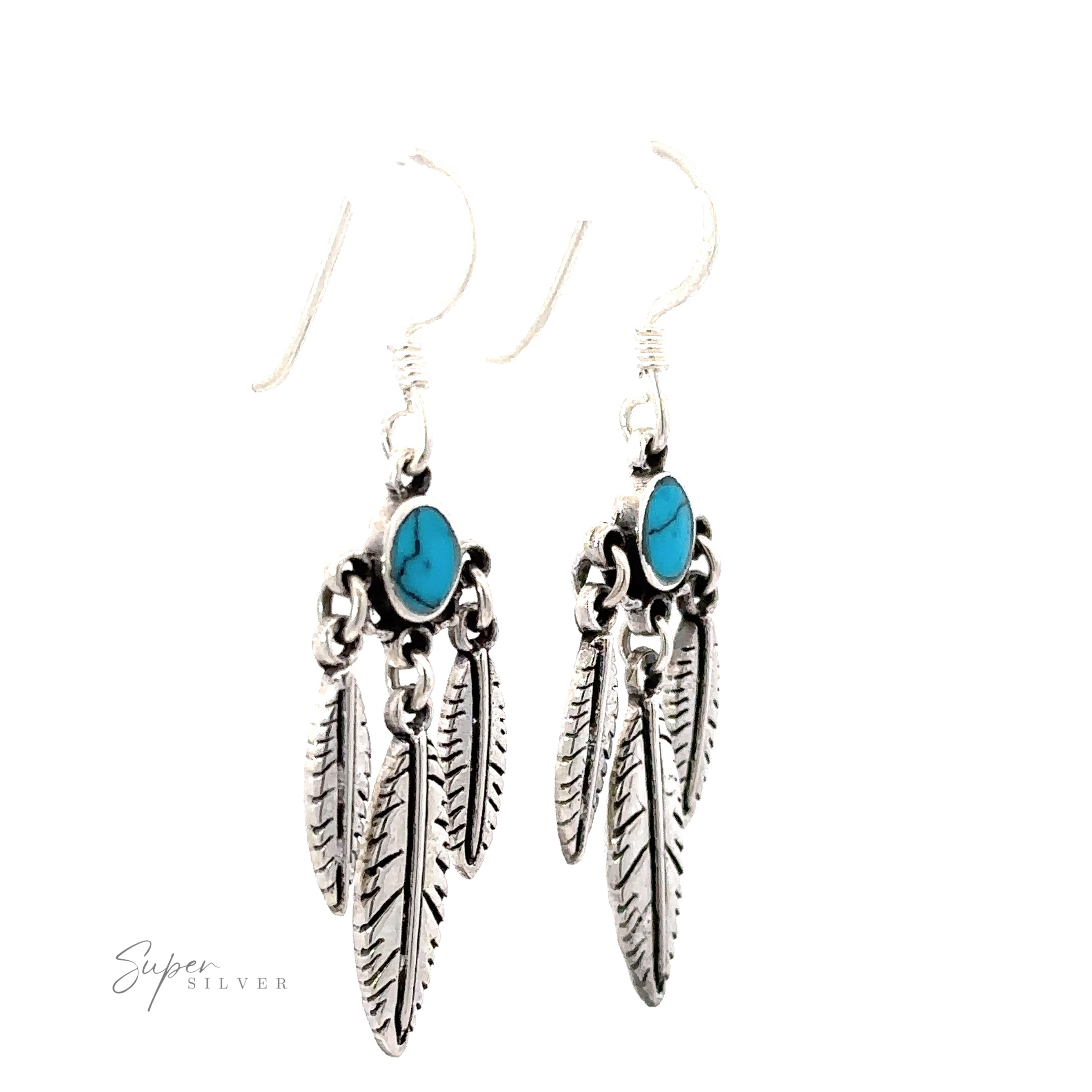 A pair of Western Inspired Earrings with Feather Dangles and Inlay Stones.