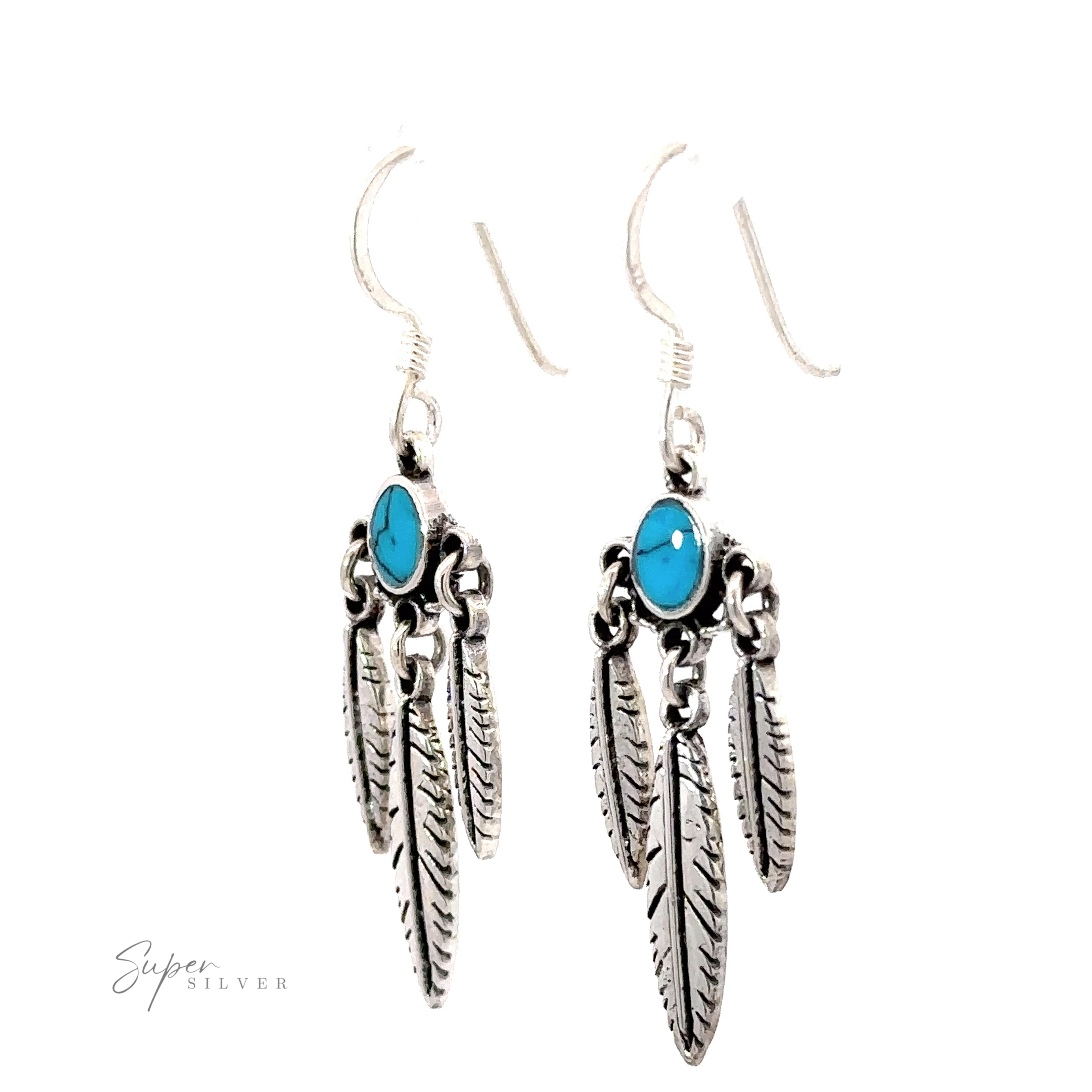 A pair of Western Inspired Earrings With Feather Dangles and Inlay Stones, displayed against a white background.