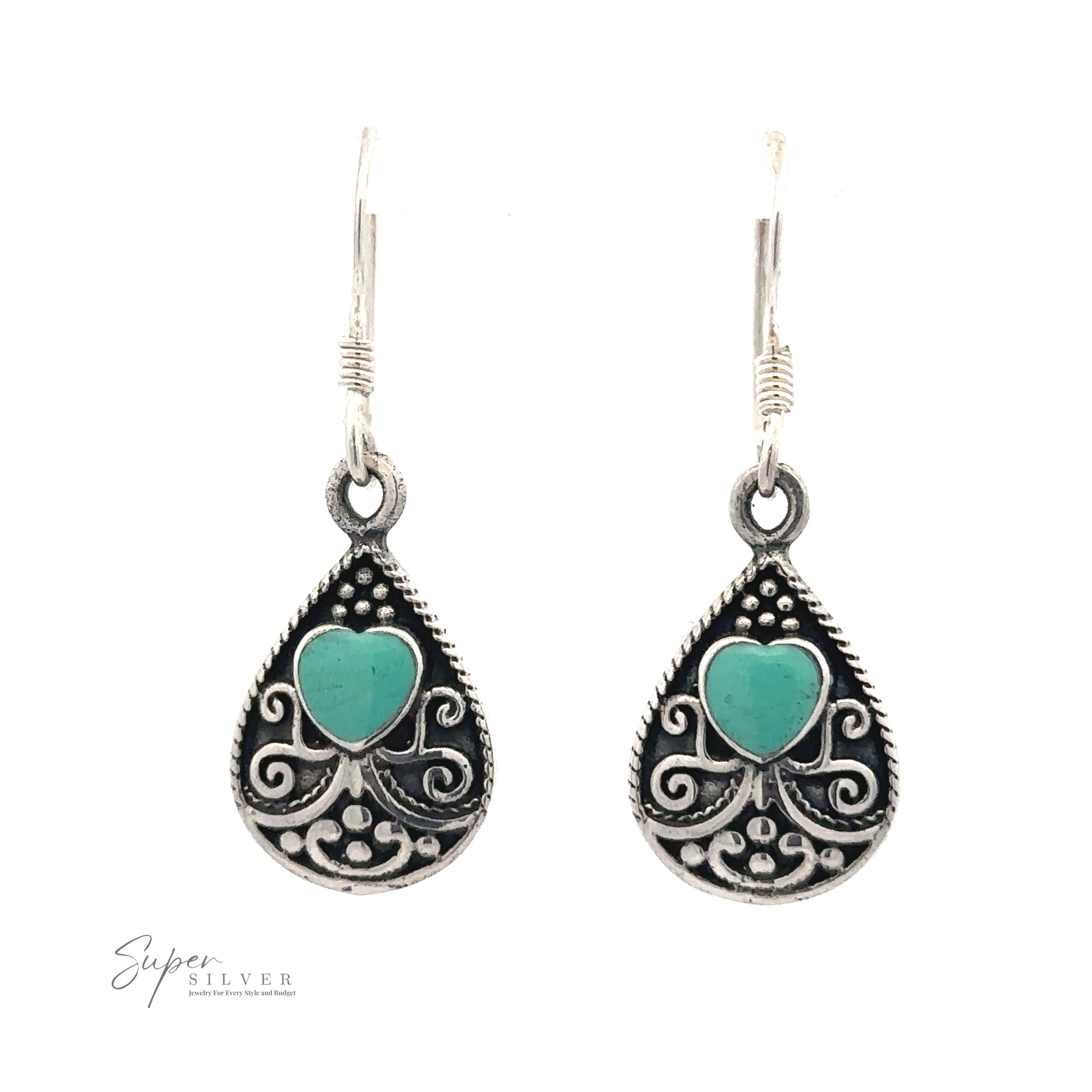 A pair of Bali Style Teardrop Earrings with Inlaid Stone with intricate sterling silver detailing and turquoise heart-shaped stones in the center, set against a white background. "Super Silver" logo is visible in the bottom left corner.