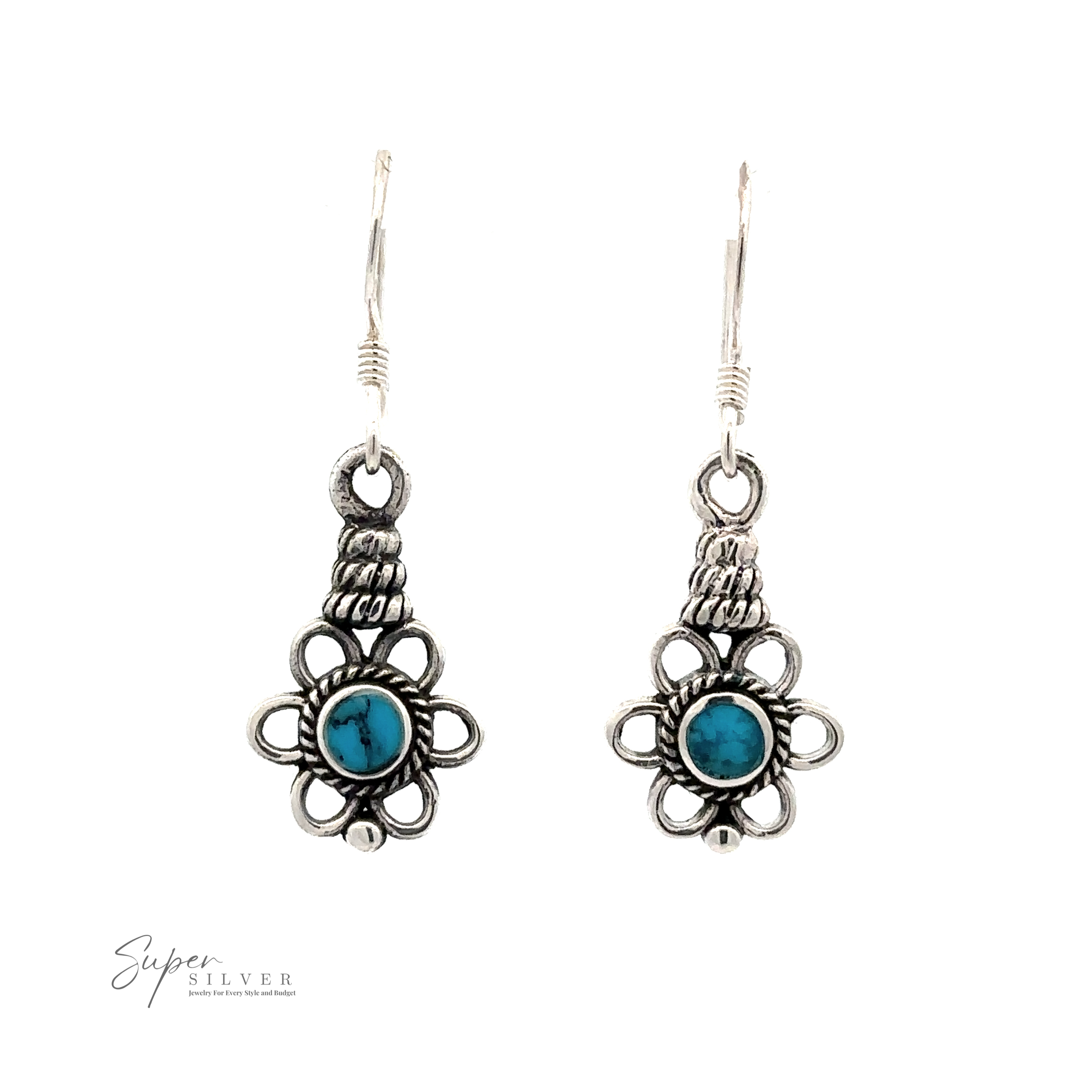 Flower Design Earrings With a Round Stone with intricate floral designs and six different stones, including a round turquoise center stone. Displayed on a white background, "Super Silver" branding is visible in the lower left corner.