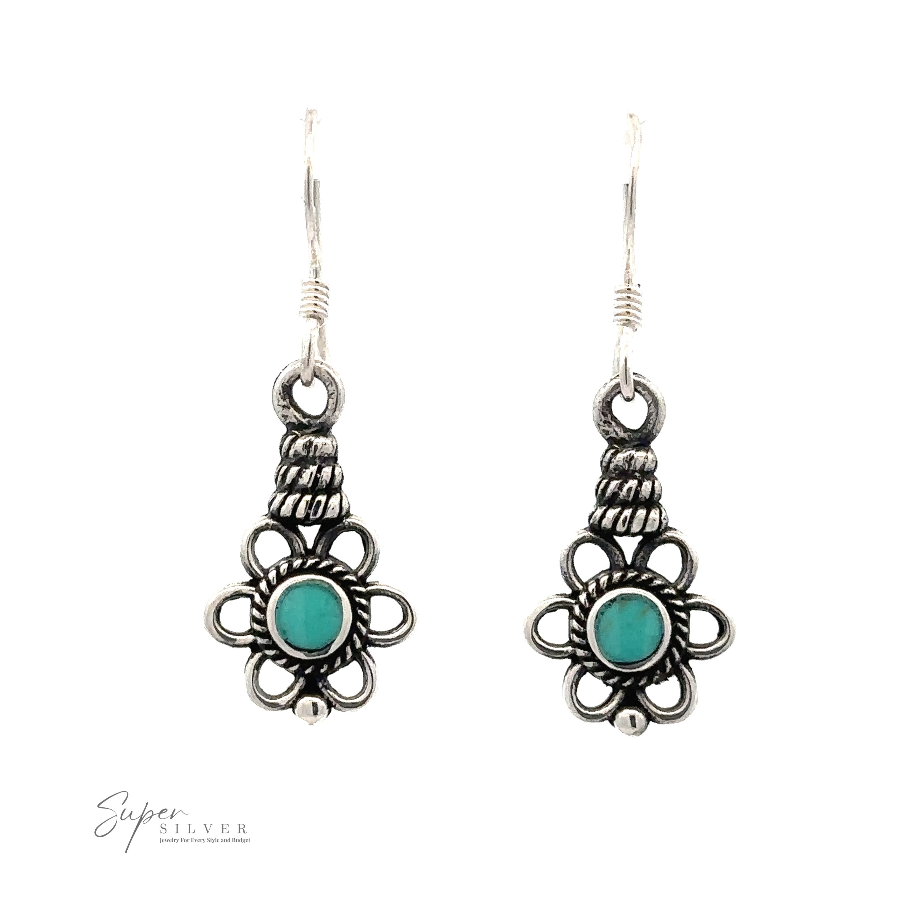 A pair of Flower Design Earrings With a Round Stone with intricate floral designs and turquoise round center stones. Logo "Super Silver" is visible at the bottom left.