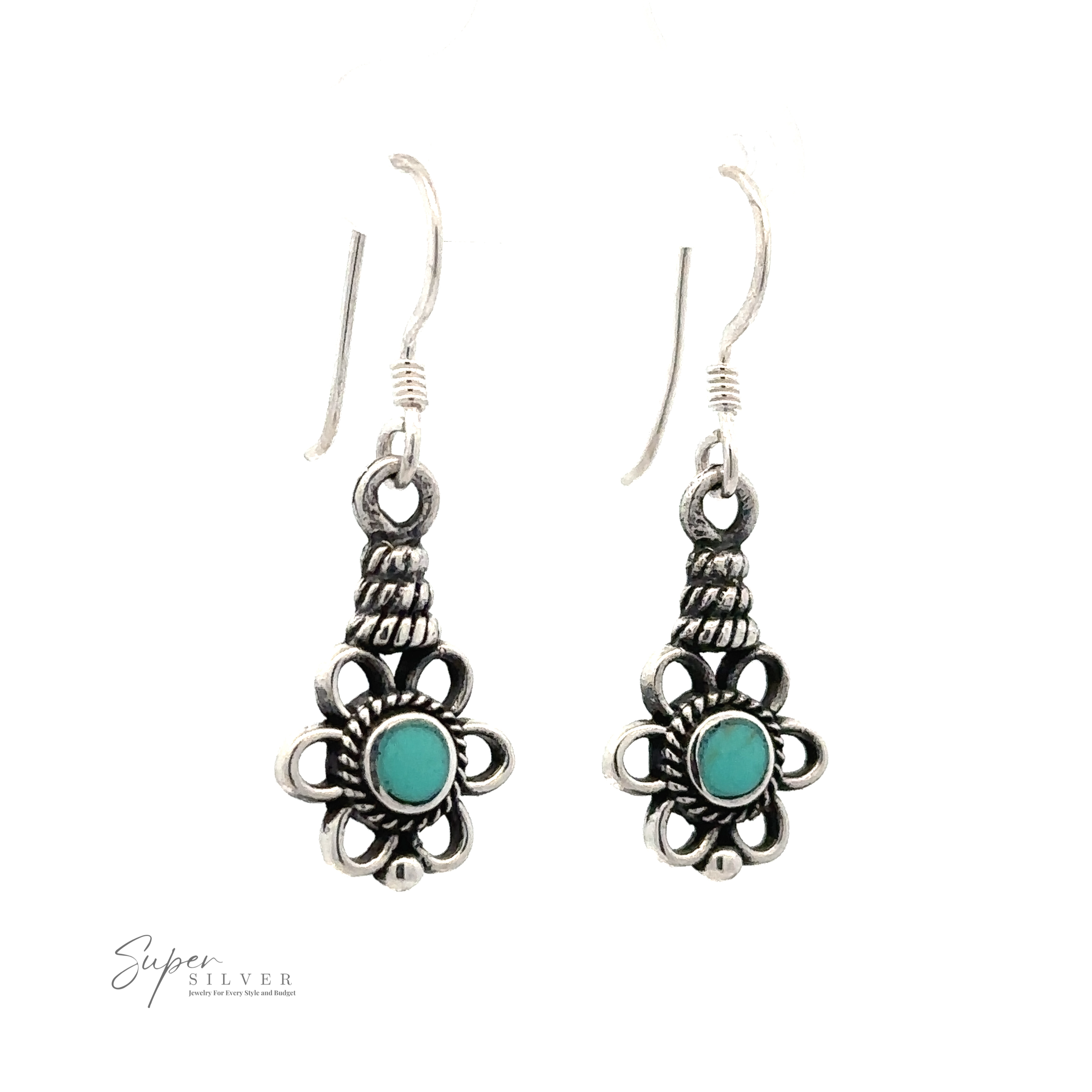 A pair of Flower Design Earrings With a Round Stone featuring intricate flower designs with turquoise stones in the center and hooks for wearing.
