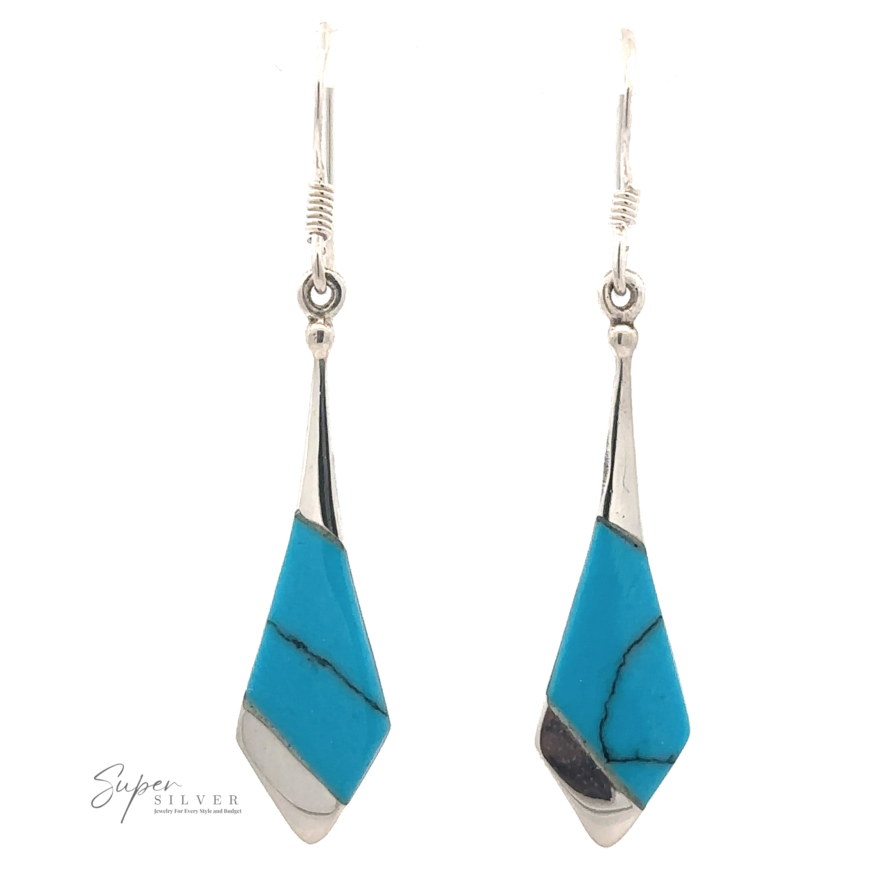 A pair of sterling silver and turquoise Inlaid Tie-Shaped Earrings featuring geometric shapes and a marbled texture in the turquoise sections. "Super Silver" branding text is visible in the bottom left corner.