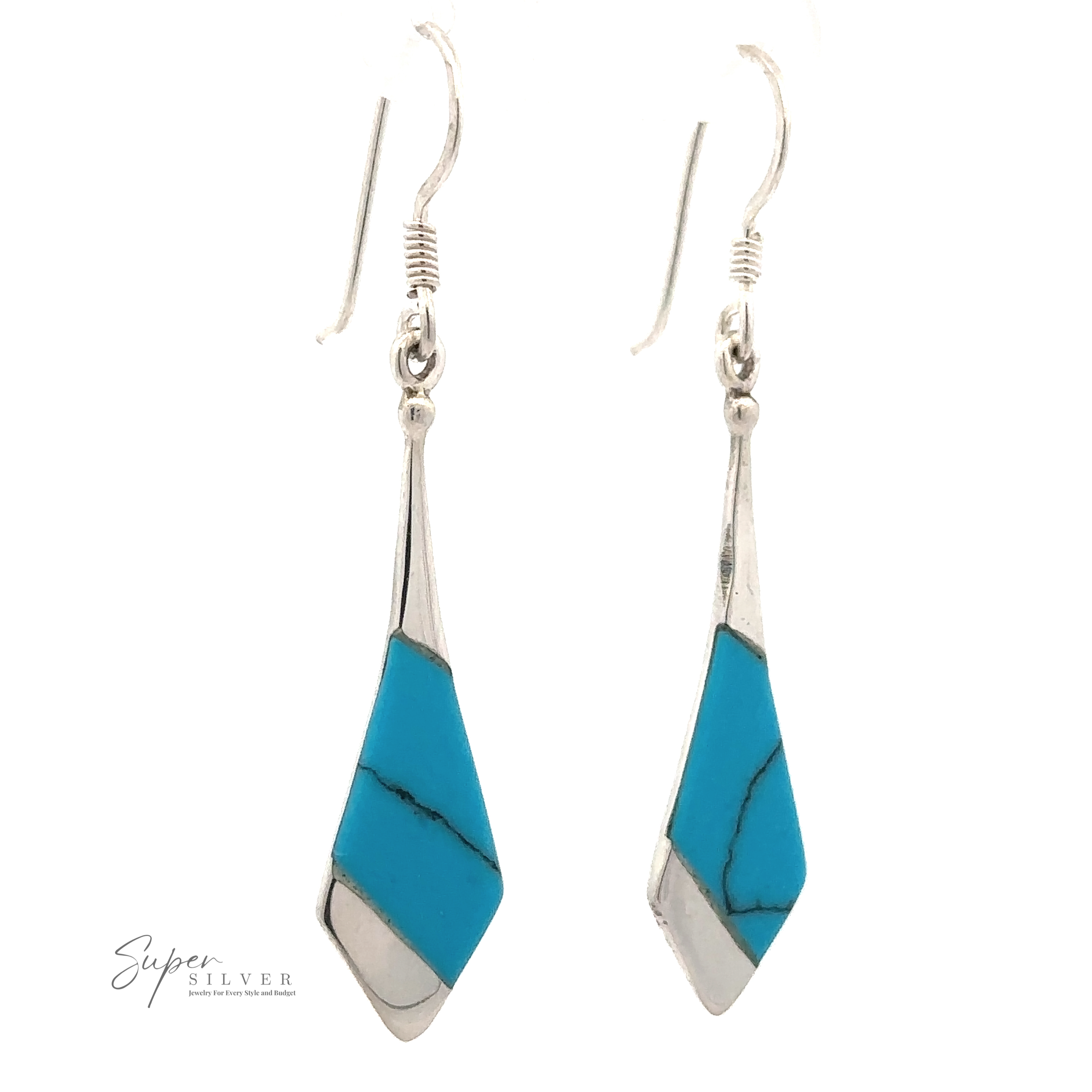 Inlaid Tie-Shaped Earrings, crafted from sterling silver, are displayed on a white background with the brand name "Super Silver" in the bottom left corner.