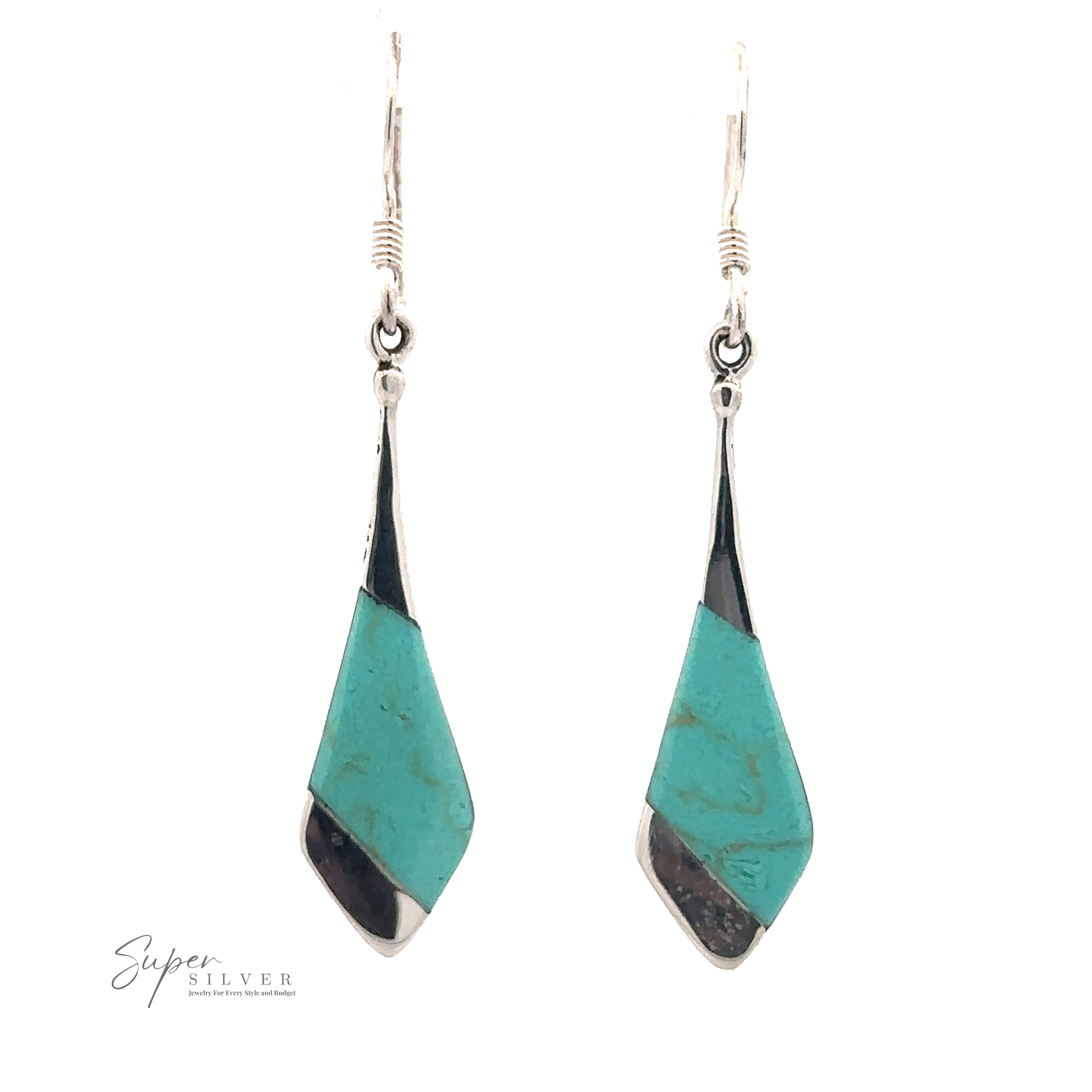 Pair of reconstituted coral, turquoise, and sterling silver **Inlaid Tie-Shaped Earrings** displayed on a plain white background. The earrings feature a geometric design with a captivating blend of turquoise and silver segments.