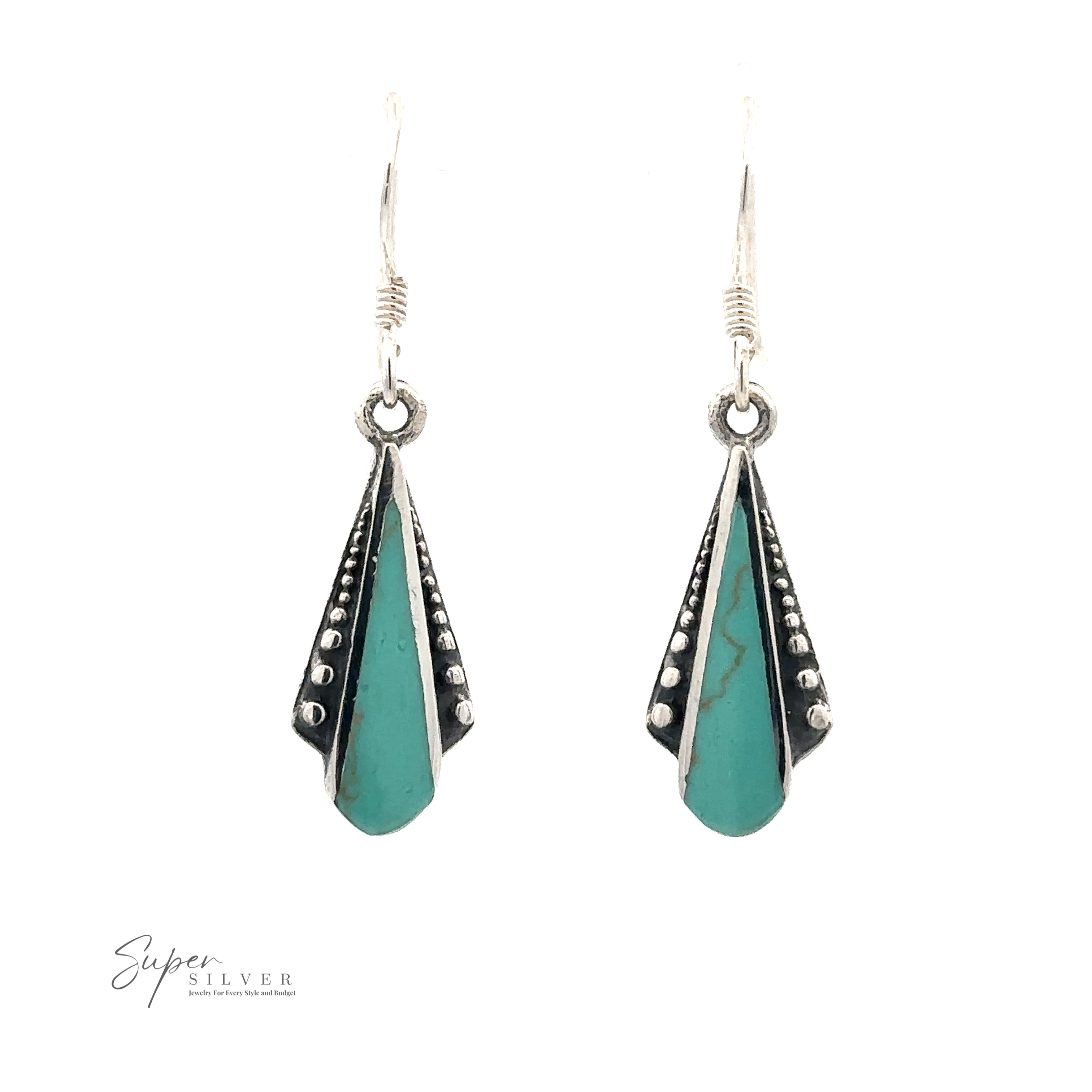 Inlaid Teardrop Shaped Bali Inspired Earrings featuring turquoise inlays with a teardrop shape, embellished with small silver beads along the sides. "Super Silver" logo in the bottom left corner, showcasing Bali inspired elegance.