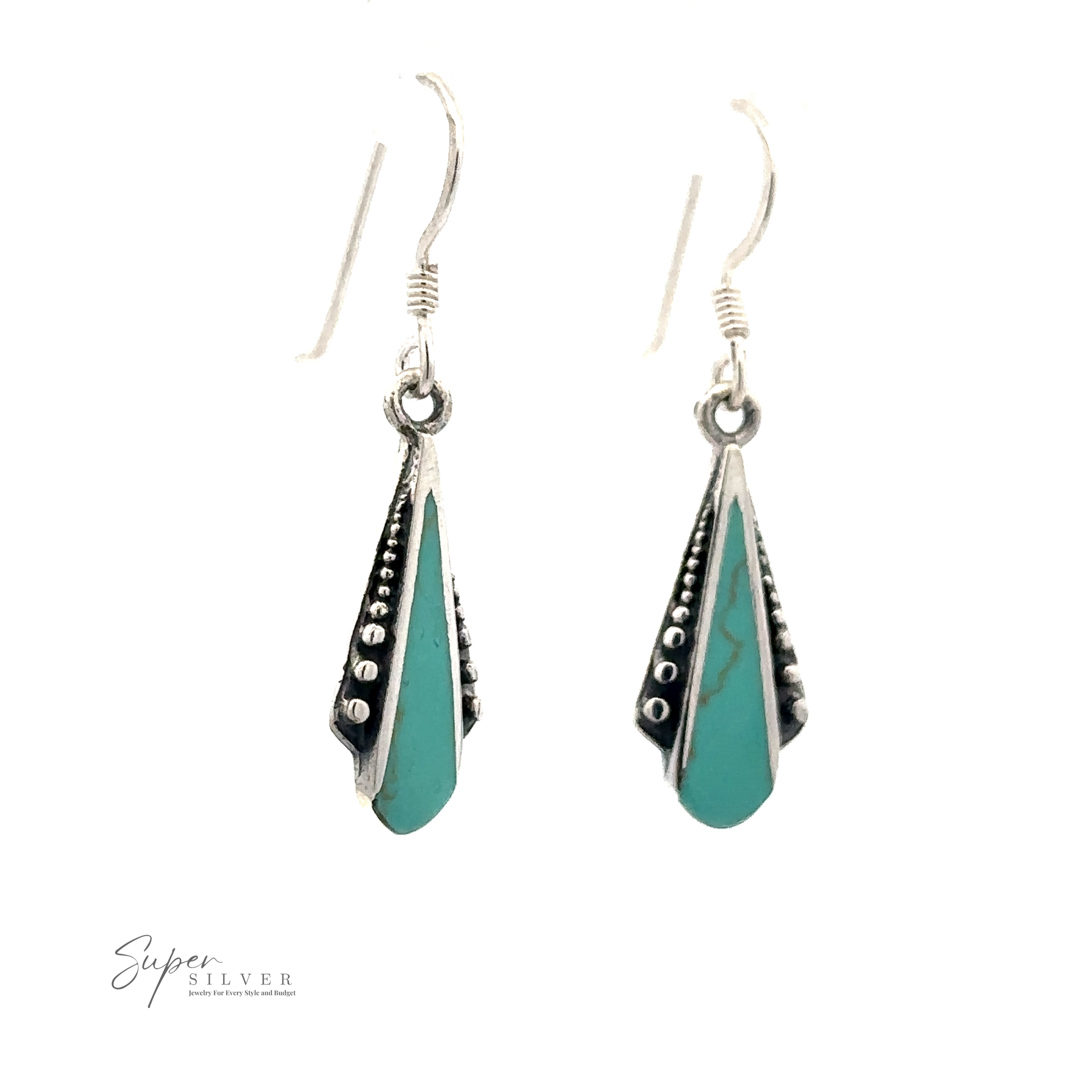 A pair of Inlaid Teardrop Shaped Bali Inspired Earrings, featuring an elongated triangular design and decorative dot accents. The Bali-inspired earrings showcase the Super Silver logo in the bottom left corner.