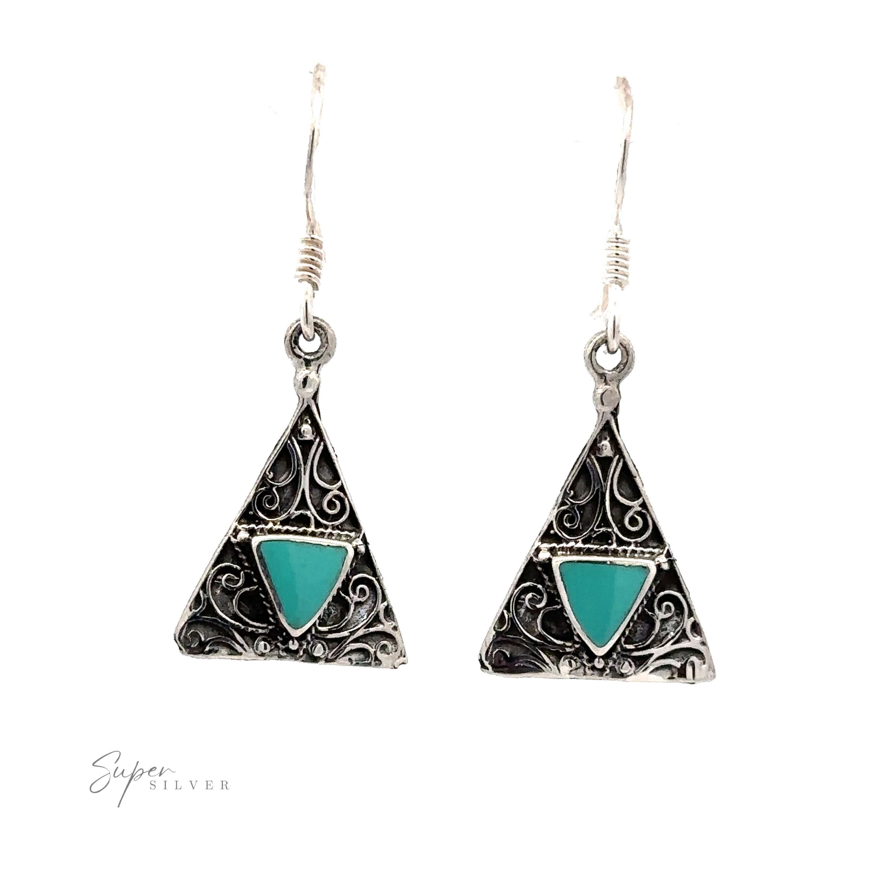 Pair of Freestyle Design Triangle Shape Inlaid Earrings with intricate swirl designs and teal triangular accents set in triangle-shaped silver settings, featuring hooks for wearing.