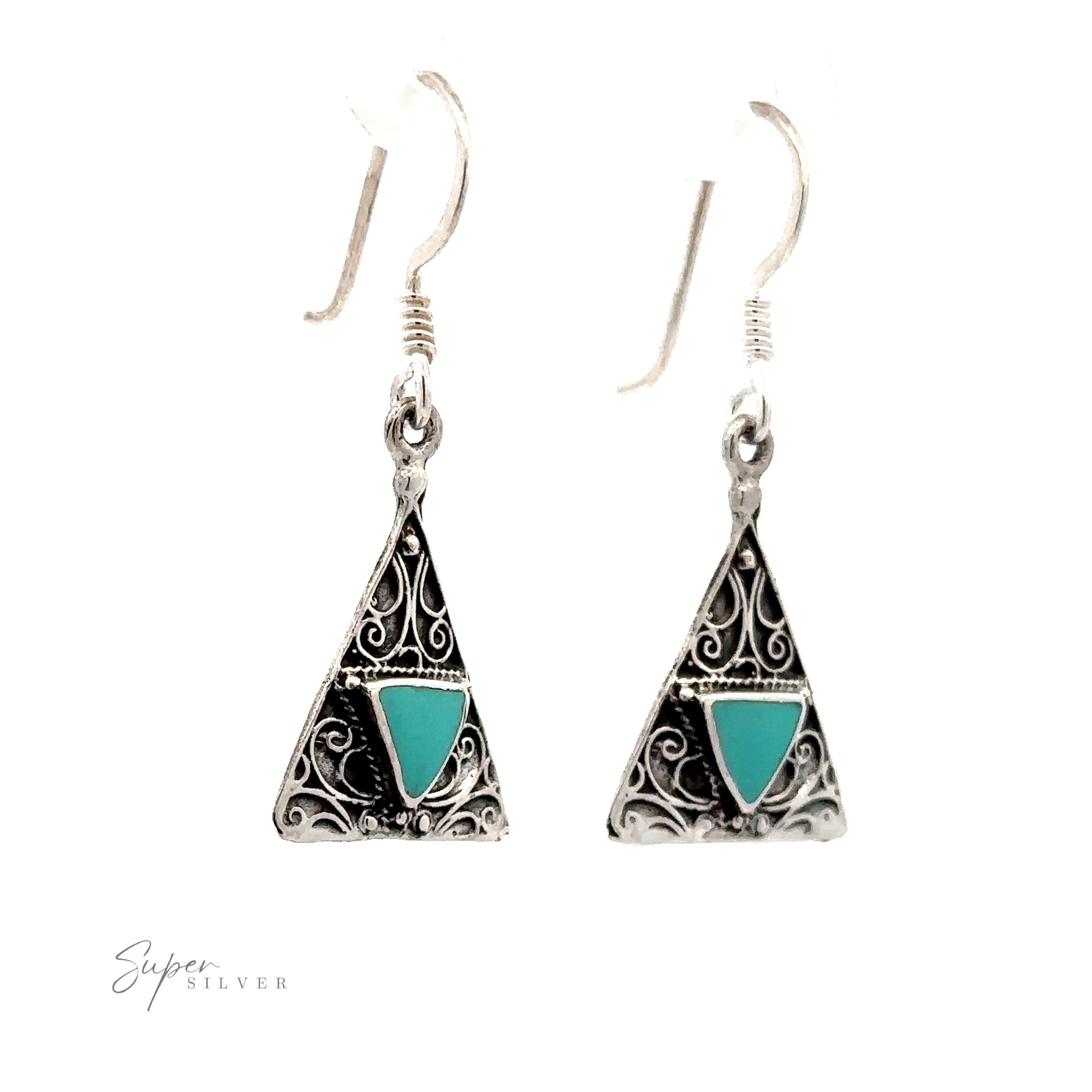 A pair of Freestyle Design Triangle Shape Inlaid Earrings with intricate filigree design and coral stones, attached to fishhook ear wires, offering a unique freestyle design.