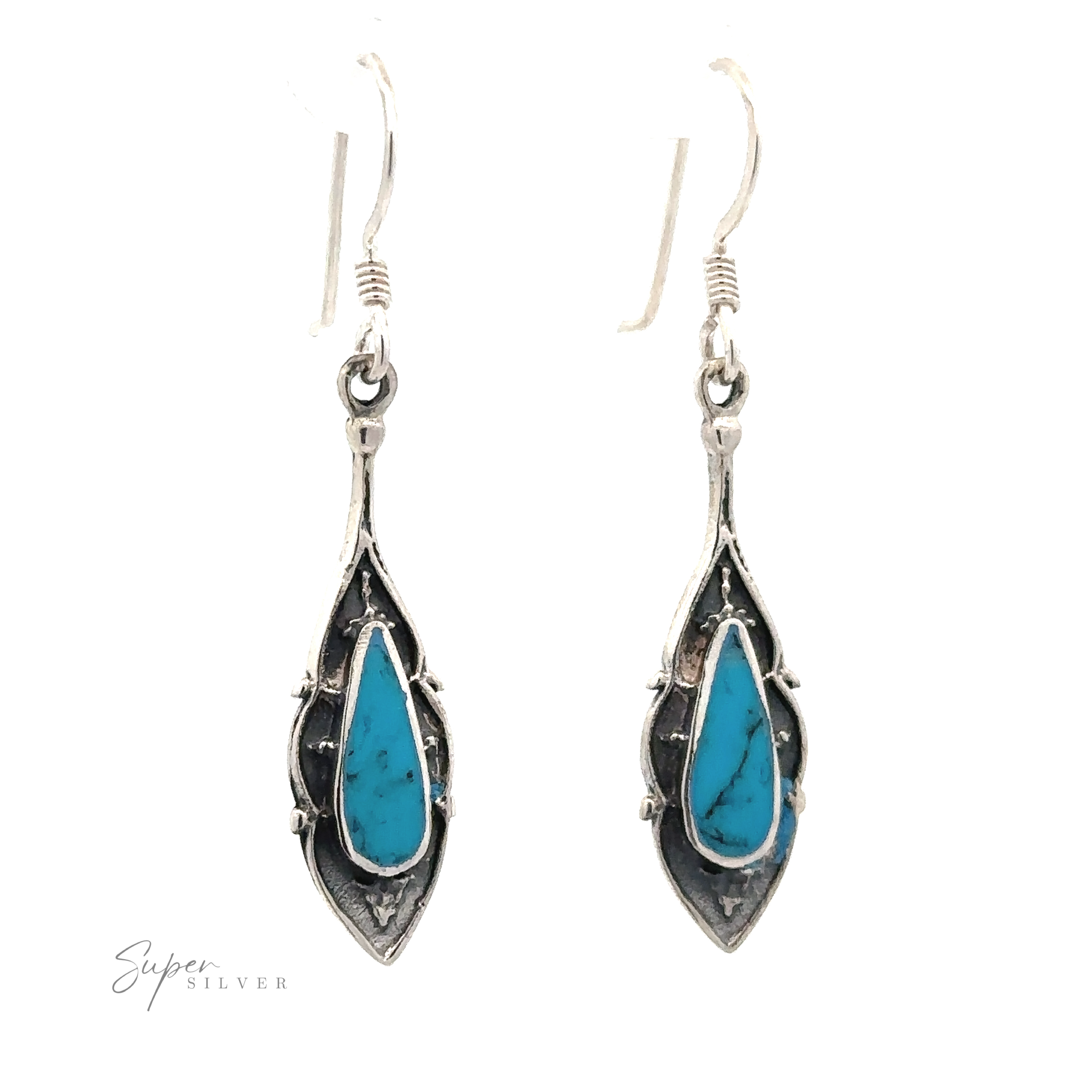 A pair of Teardrop Shape Inlaid Earrings featuring teardrop-shaped turquoise stones set in an ornamental design with an oxidized finish.