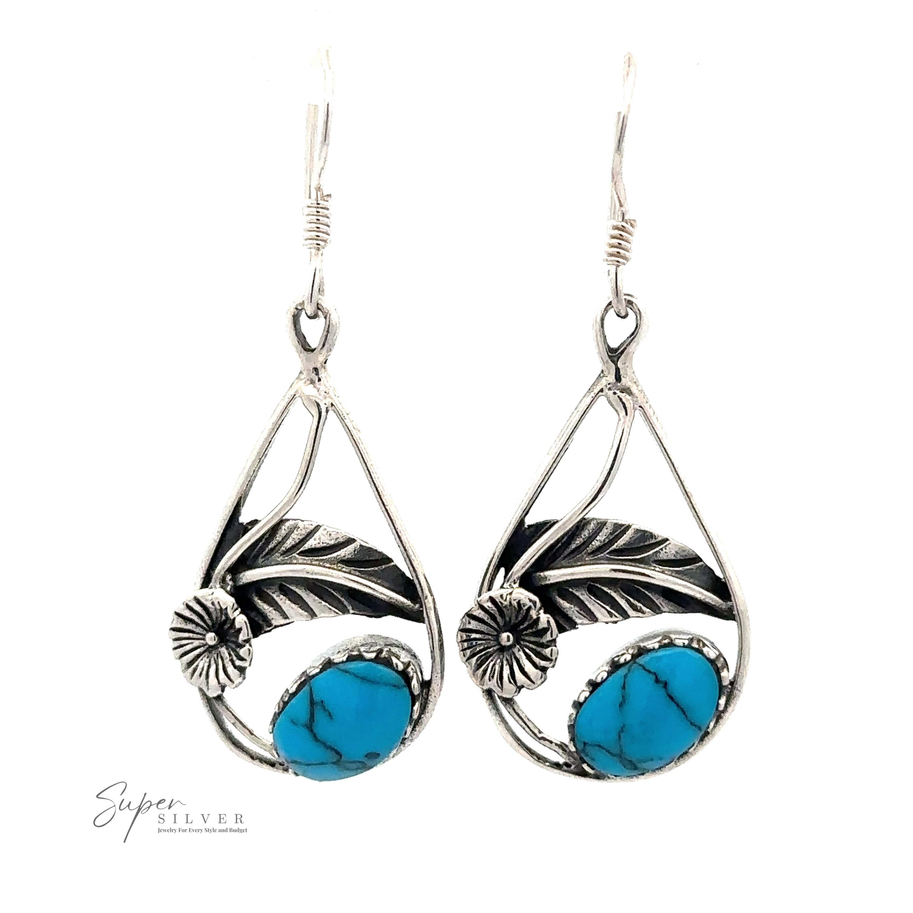 Inlaid Teardrop Earrings With Floral Setting, featuring blue turquoise stones. "Super Silver" branding visible in the bottom left corner.