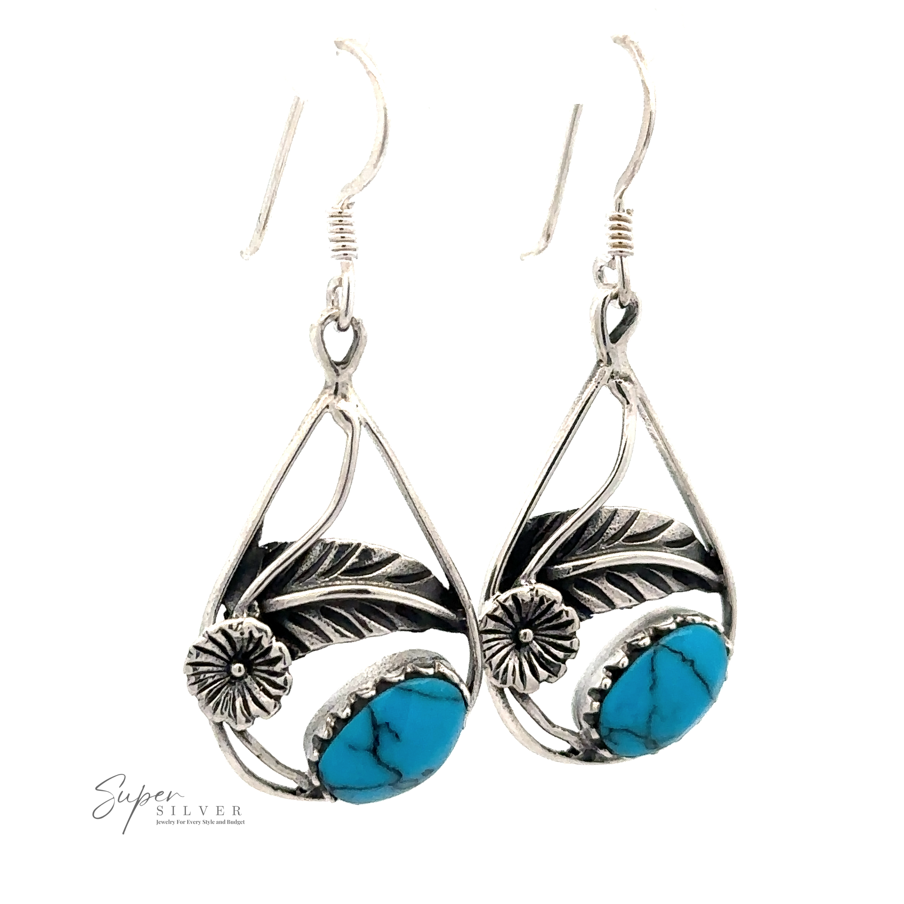 A pair of Inlaid Teardrop Earrings With Floral Setting featuring turquoise stones and a leaf design, with hook fastenings.